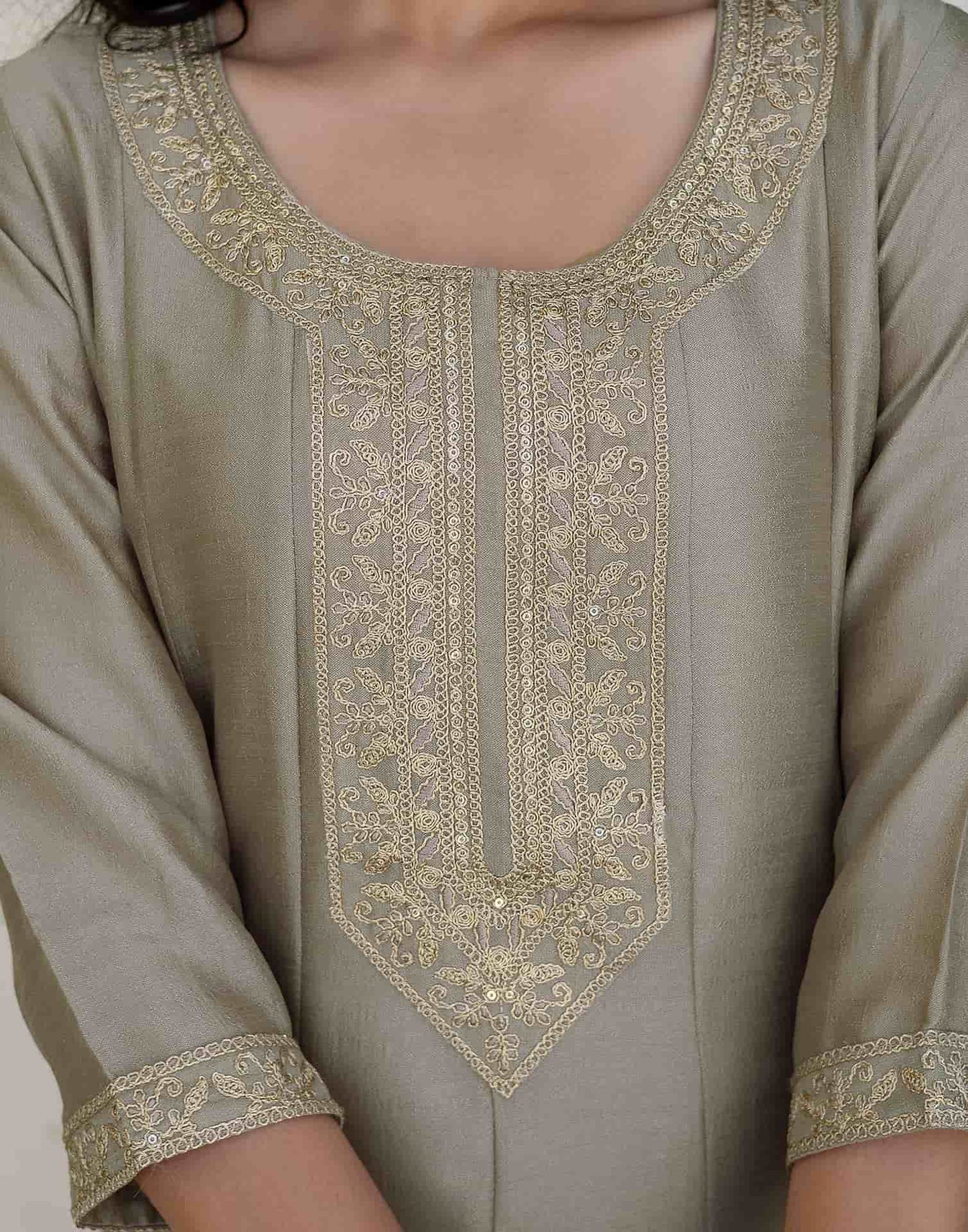Silk Embroidery, Sequins Work and Embroidery Lace A-Line Kurta with Pant & Dupatta