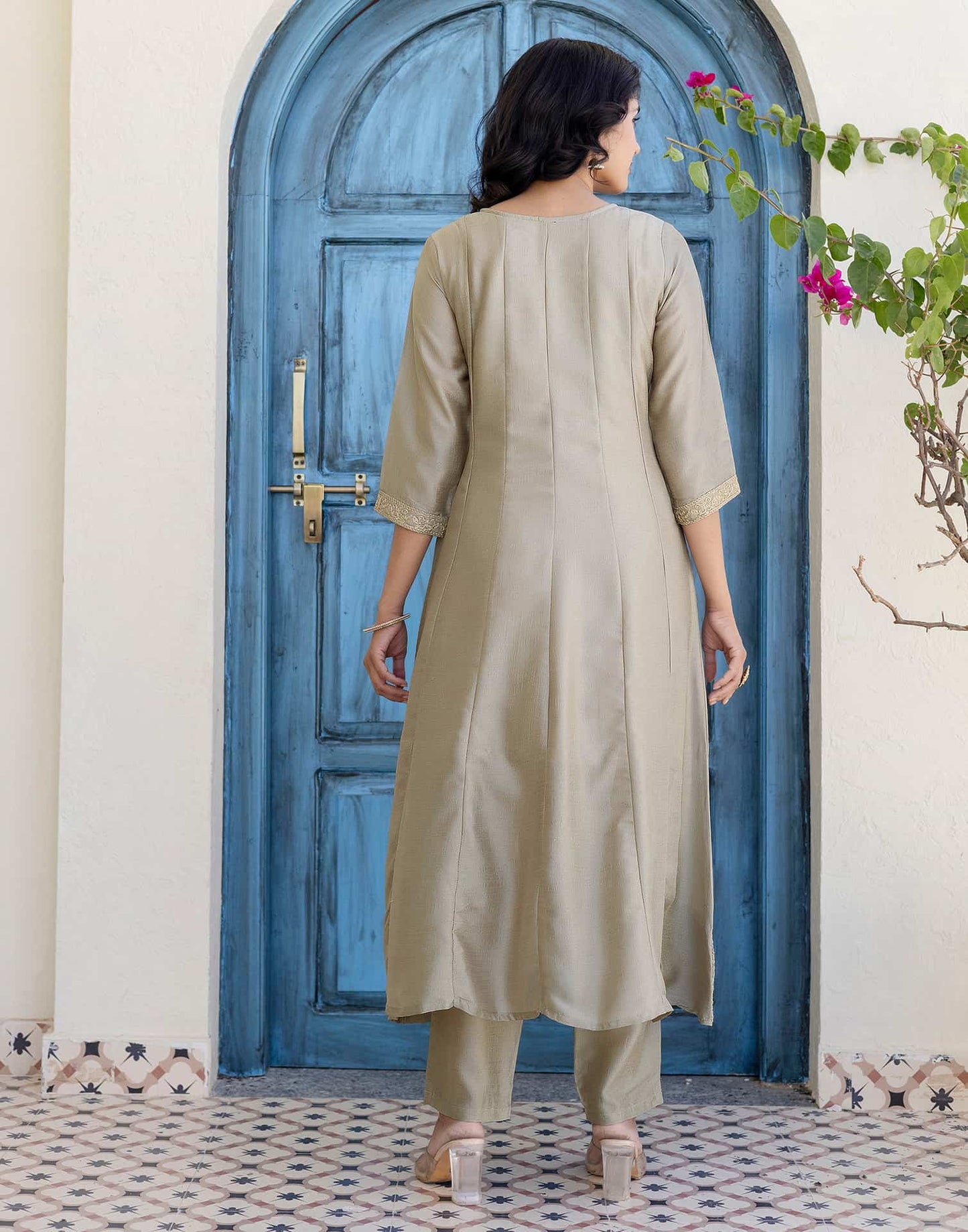 Silk Embroidery, Sequins Work and Embroidery Lace A-Line Kurta with Pant & Dupatta