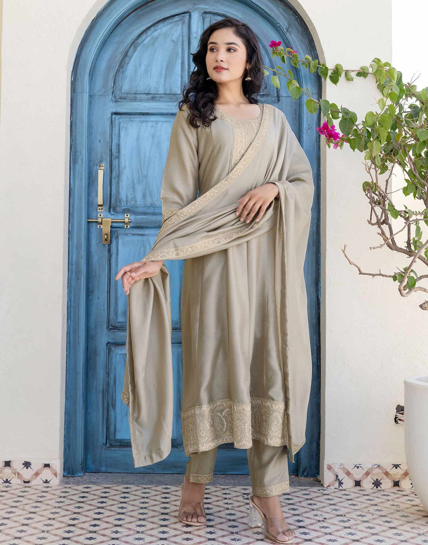 Silk Embroidery, Sequins Work and Embroidery Lace A-Line Kurta with Pant & Dupatta