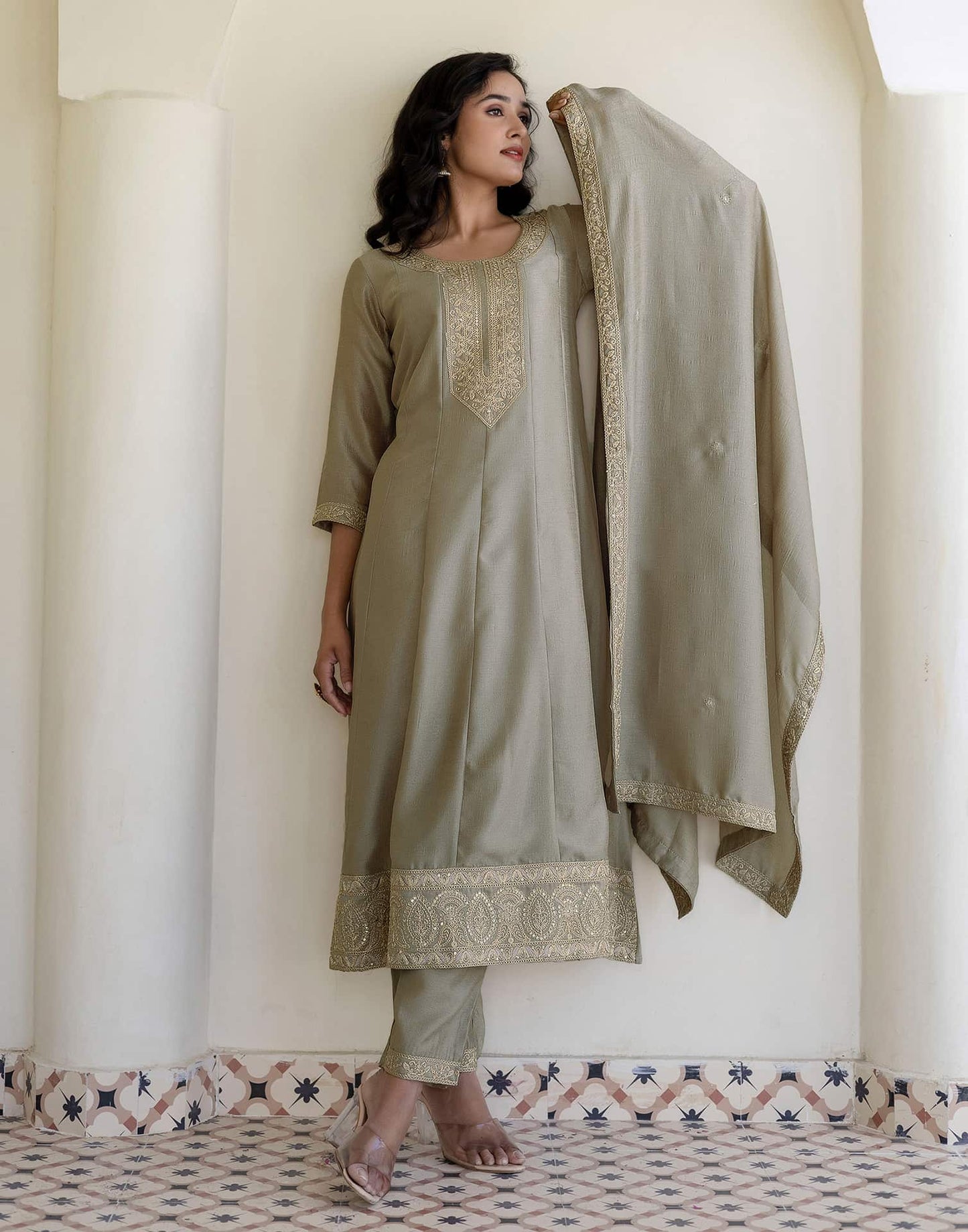 Silk Embroidery, Sequins Work and Embroidery Lace A-Line Kurta with Pant & Dupatta