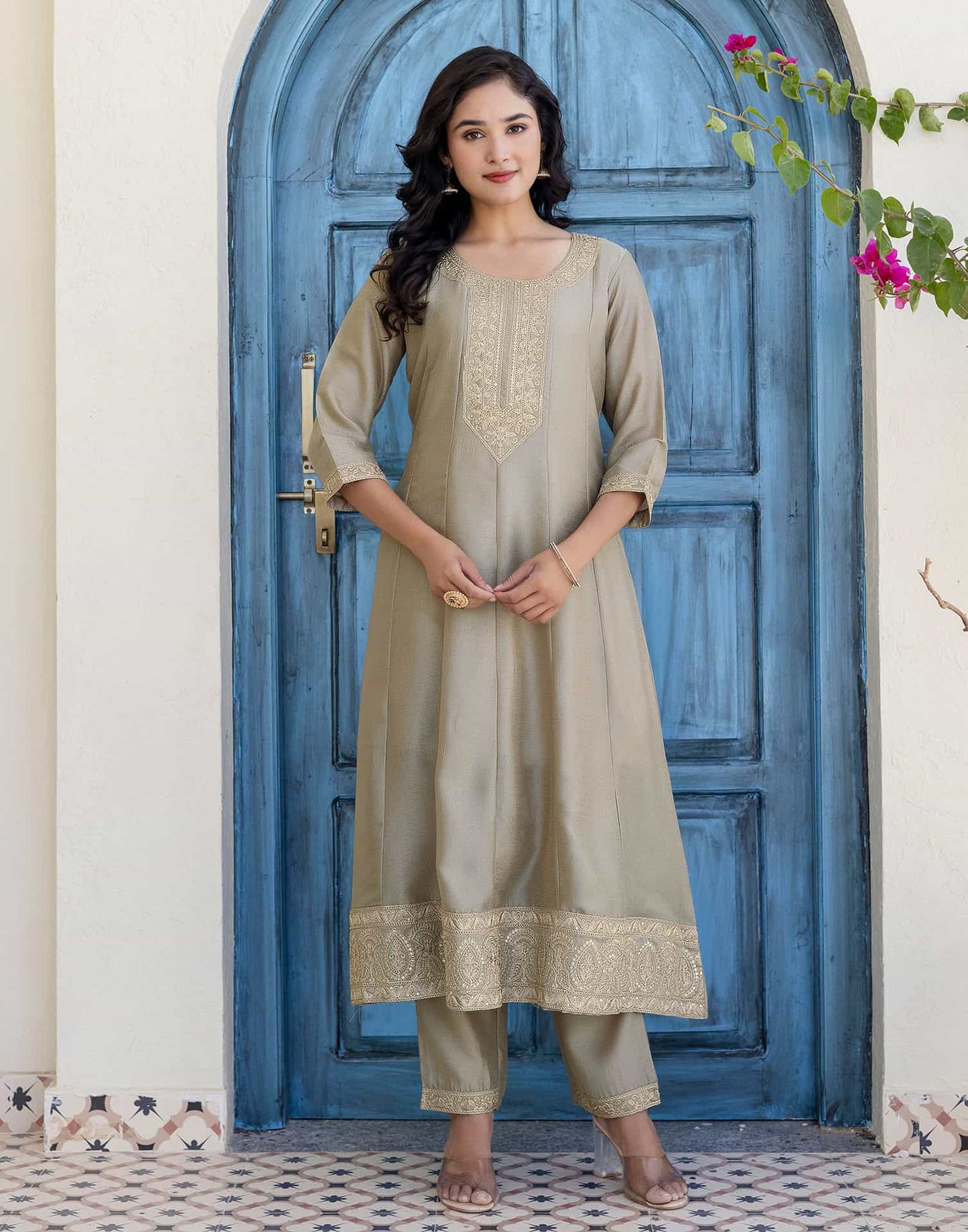 Silk Embroidery, Sequins Work and Embroidery Lace A-Line Kurta with Pant & Dupatta