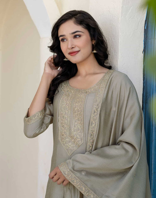 Beige Silk Blend Embroidery and Sequins Work A-Line Kurta Set for Women with Pant and Dupatta