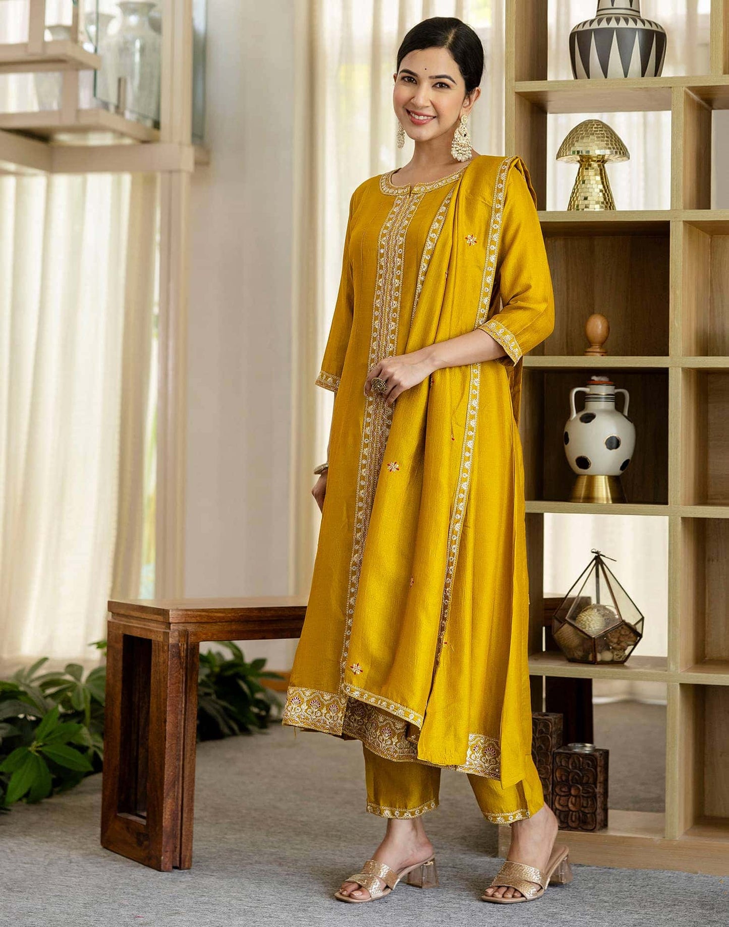 Silk Embroidery, Sequins Work and Embroidery Lace Anarkali Kurta with Pant & Dupatta