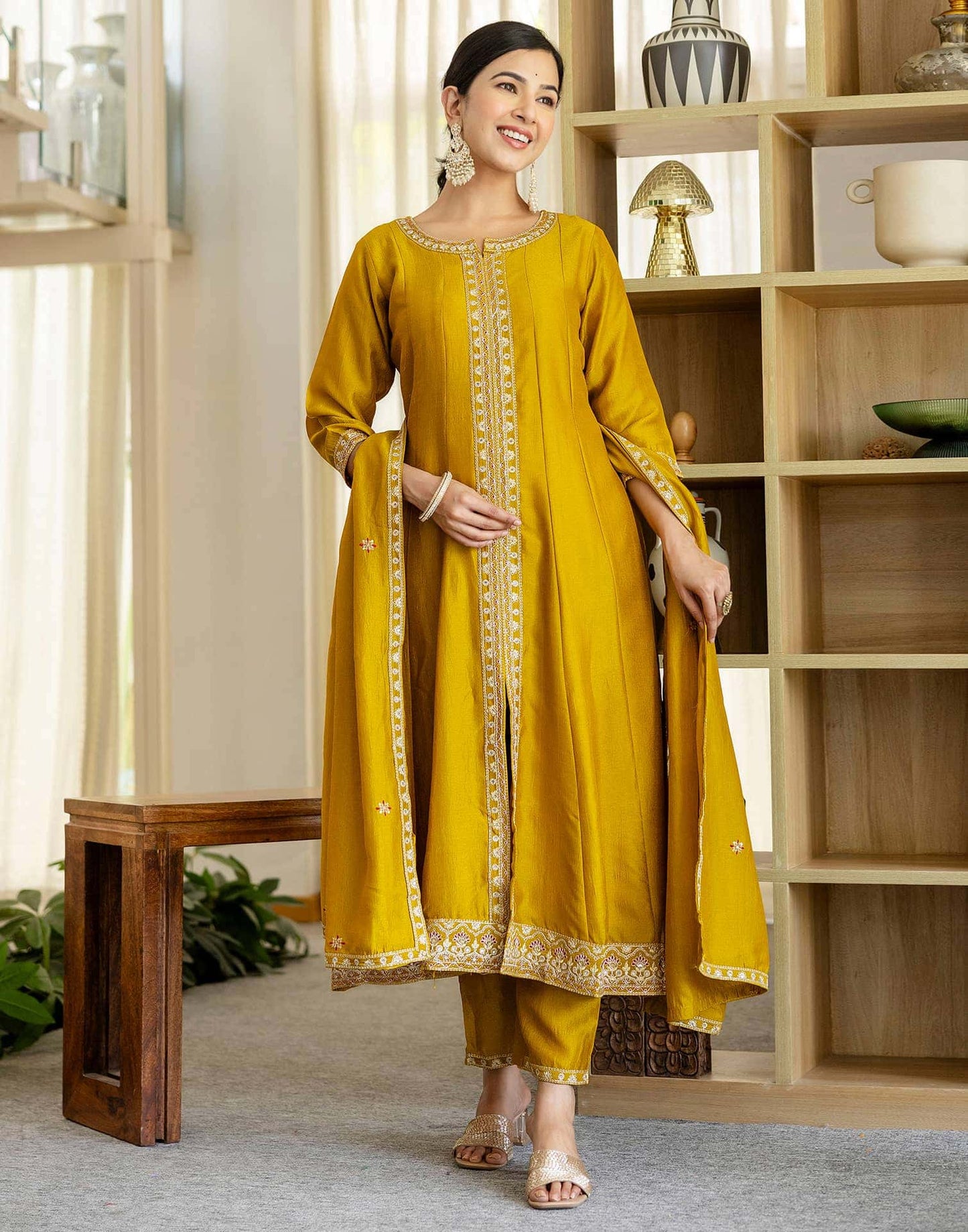 Silk Embroidery, Sequins Work and Embroidery Lace Anarkali Kurta with Pant & Dupatta
