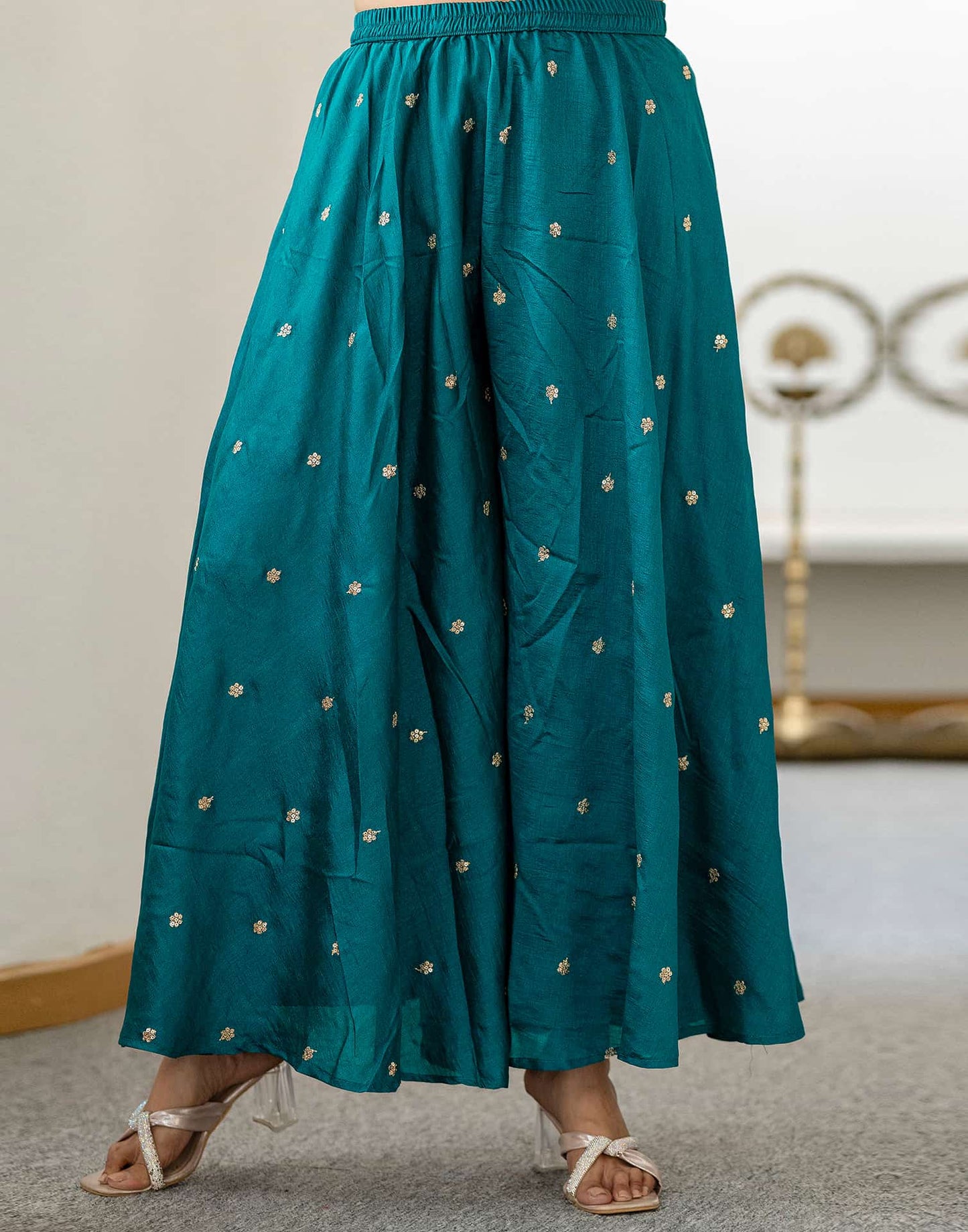 Silk Flared Embroidery V-Neck Kurta with Pant & Dupatta