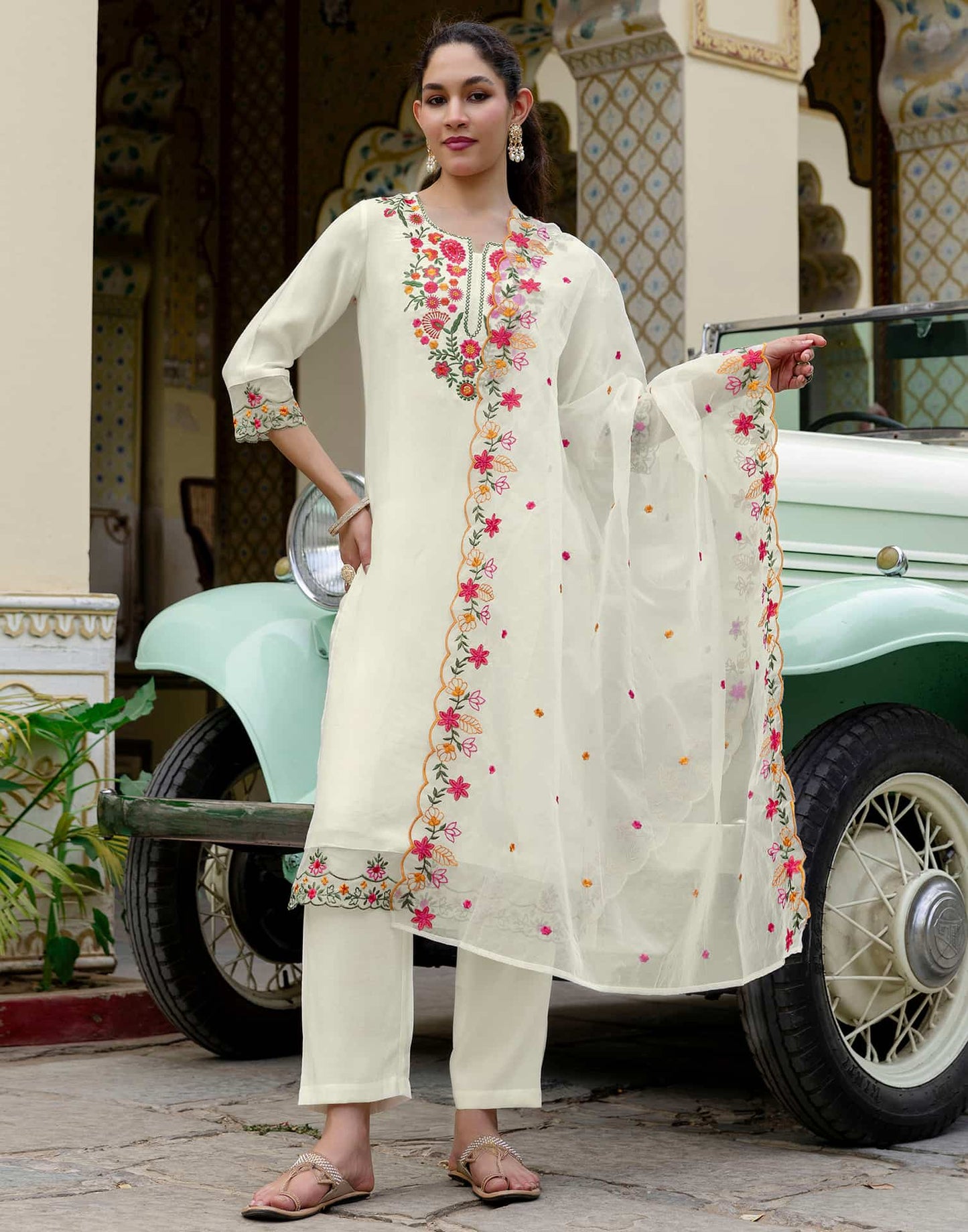 Silk Blend Embroidery and Sequins Work Straight Kurta with Pant & Dupatta