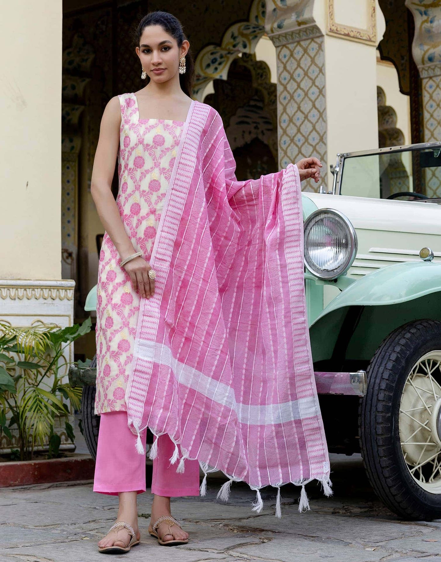 Chanderi Weaving Straight Kurta with Pant & Dupatta