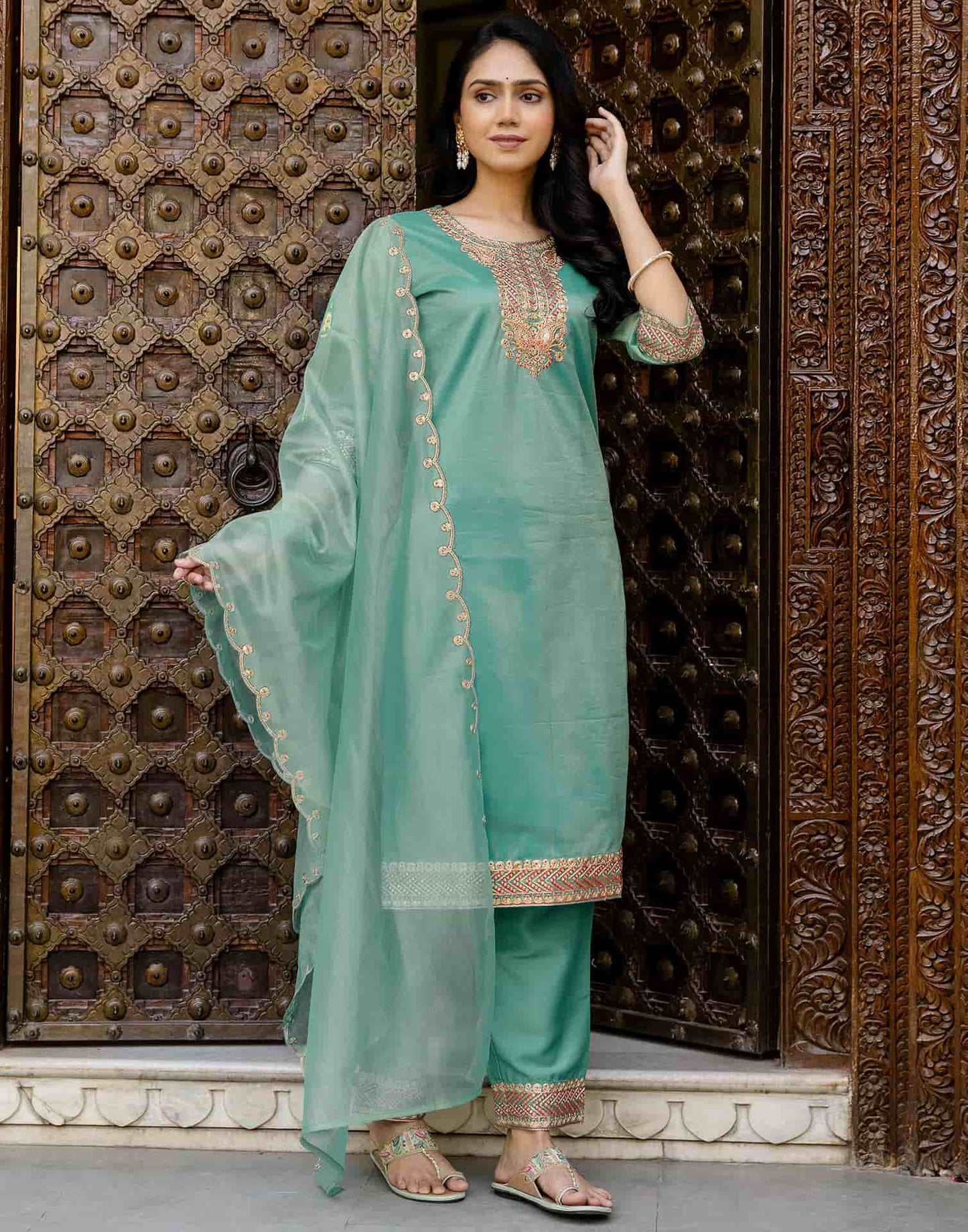 Organza Embroidered Straight Kurta with Pant & Dupatta