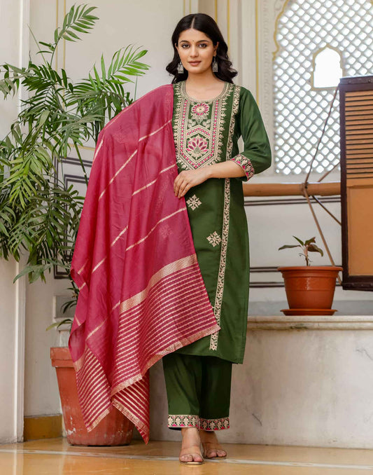 Green Silk Blend Embroidered and Lace Straight Kurta Set with Pant & Dupatta for Women