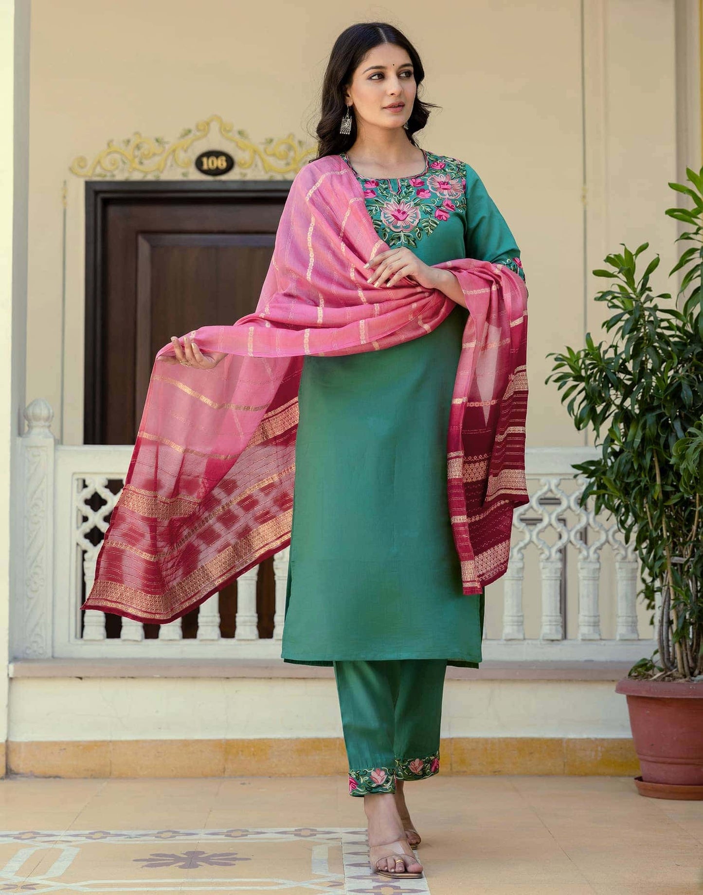 Silk Embroidery Work Straight Kurta with Pant & Dupatta