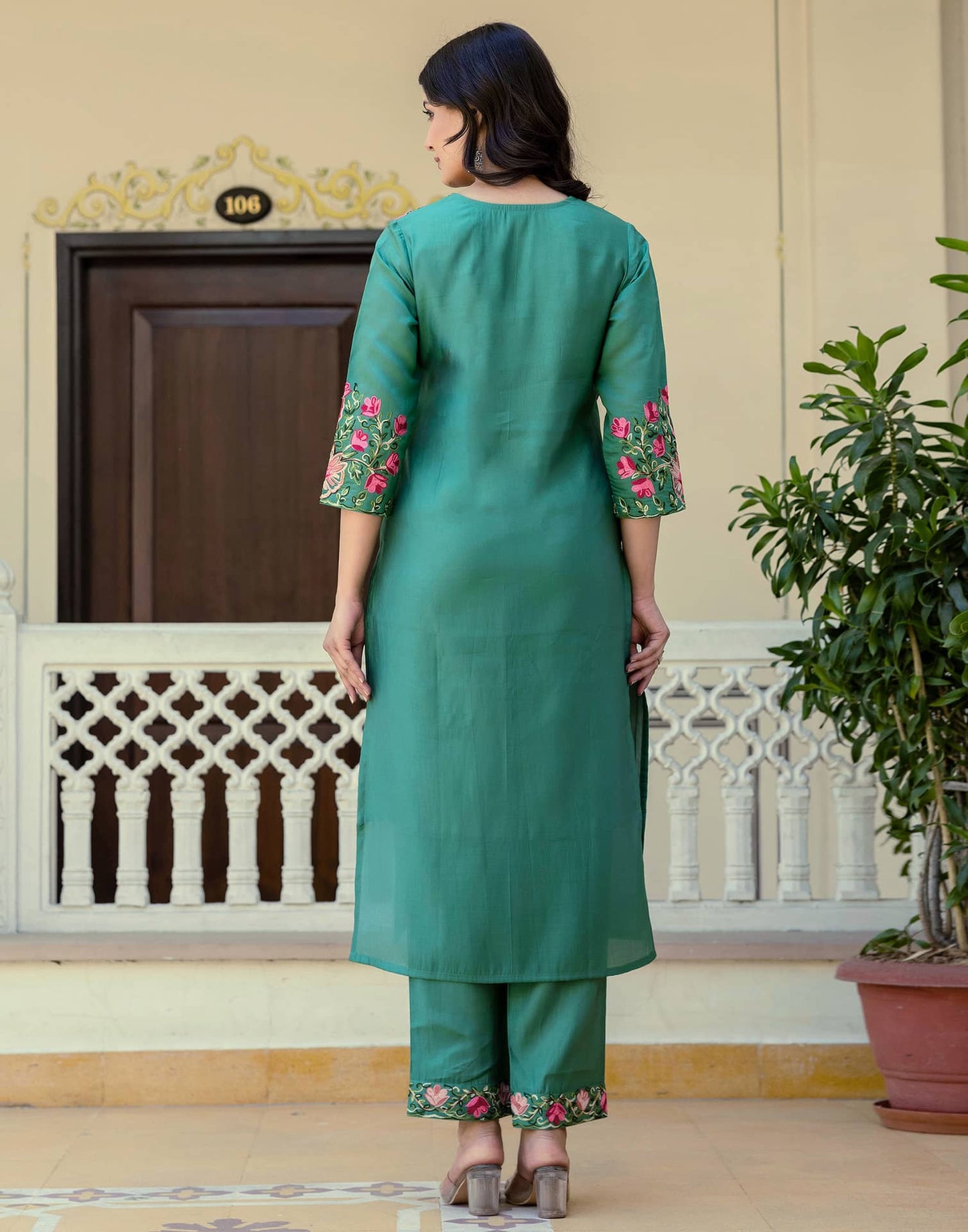 Silk Embroidery Work Straight Kurta with Pant & Dupatta