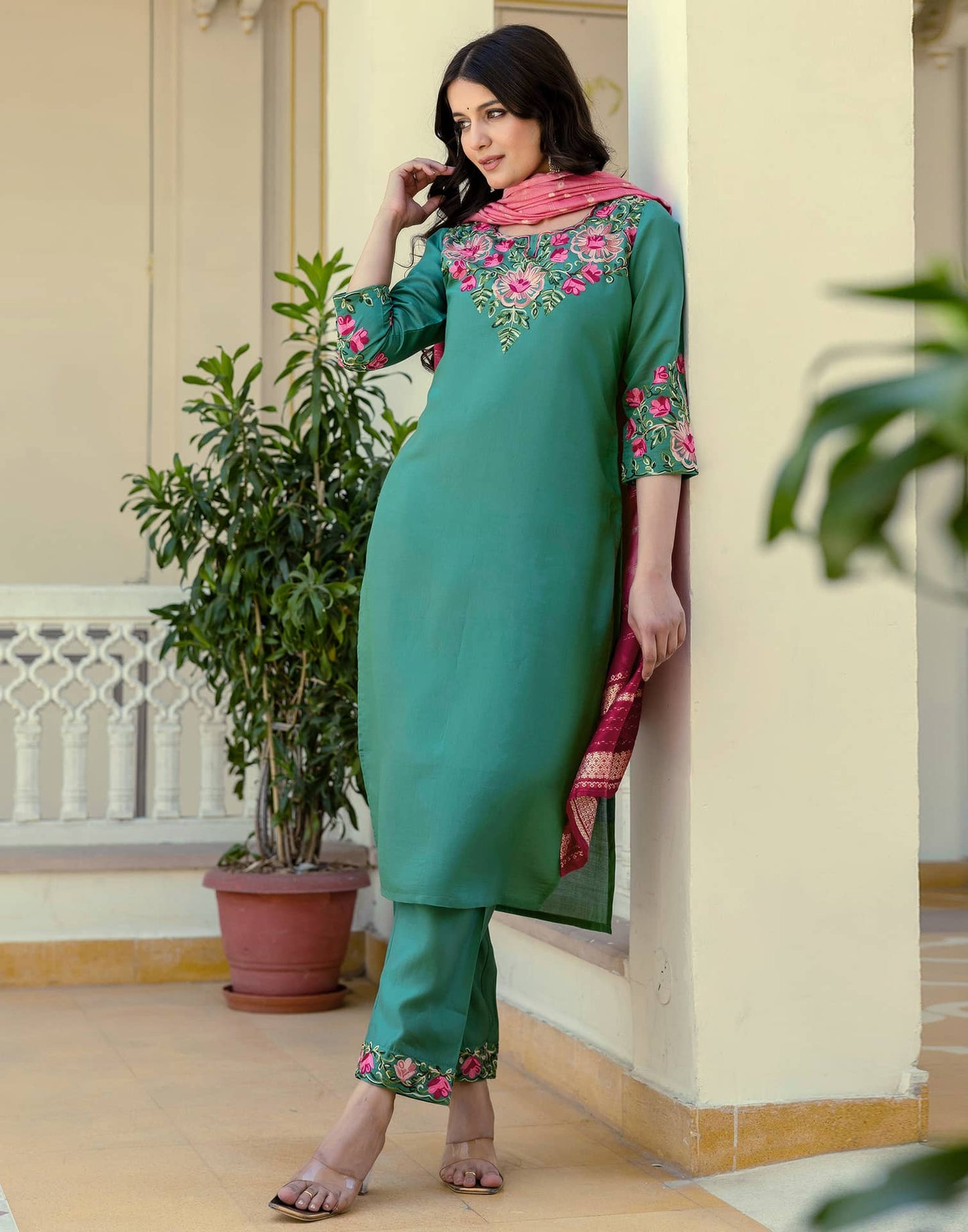Silk Embroidery Work Straight Kurta with Pant & Dupatta