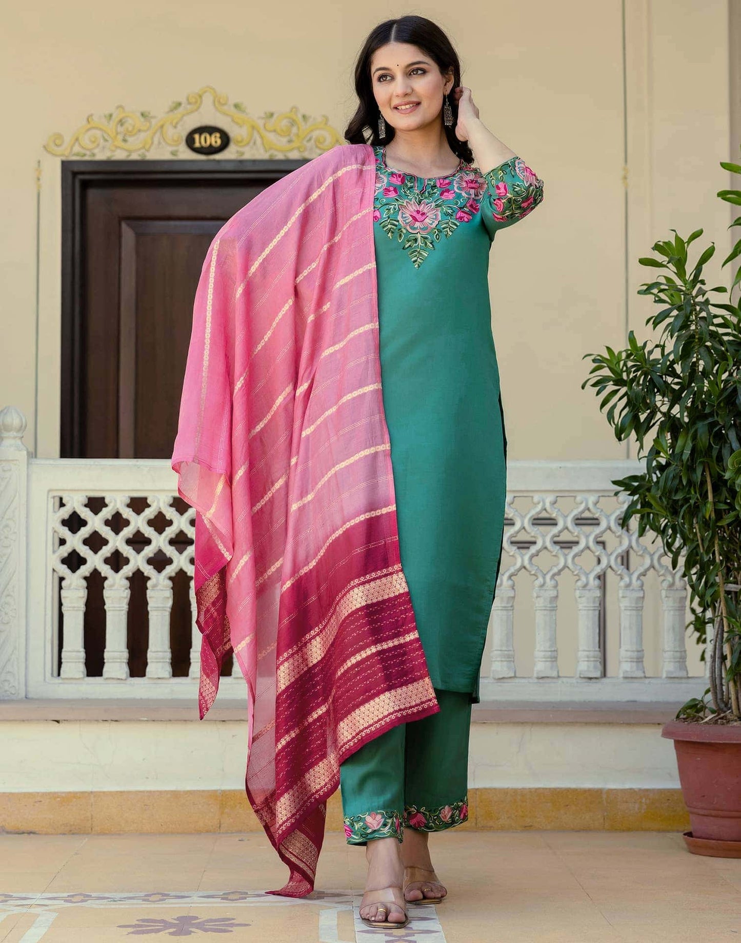 Silk Embroidery Work Straight Kurta with Pant & Dupatta