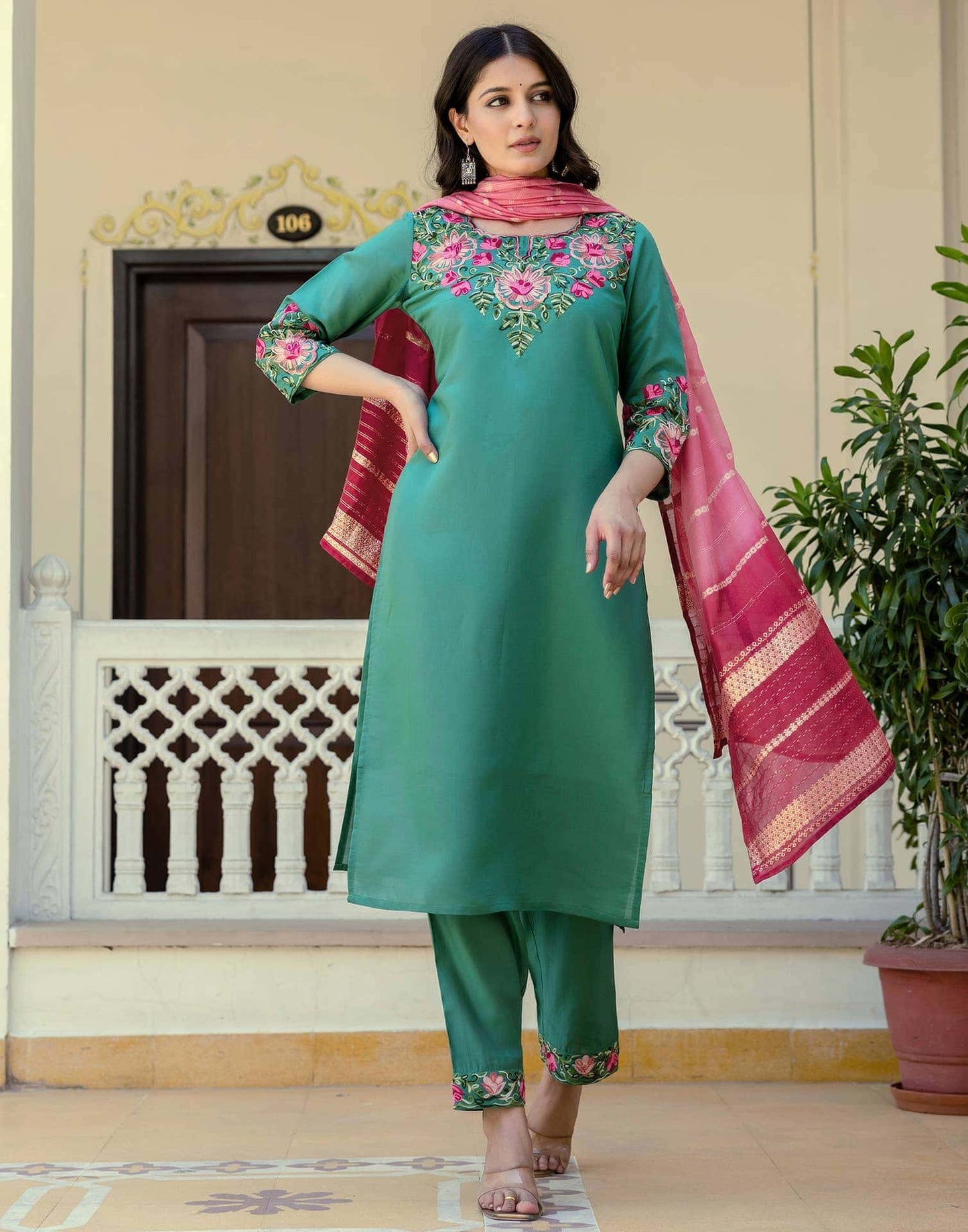 Silk Embroidery Work Straight Kurta with Pant & Dupatta
