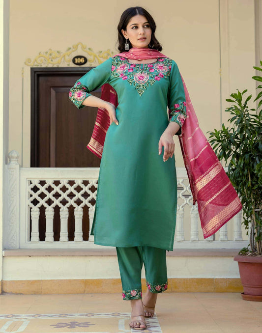 Silk Embroidery Work Straight Kurta with Pant & Dupatta
