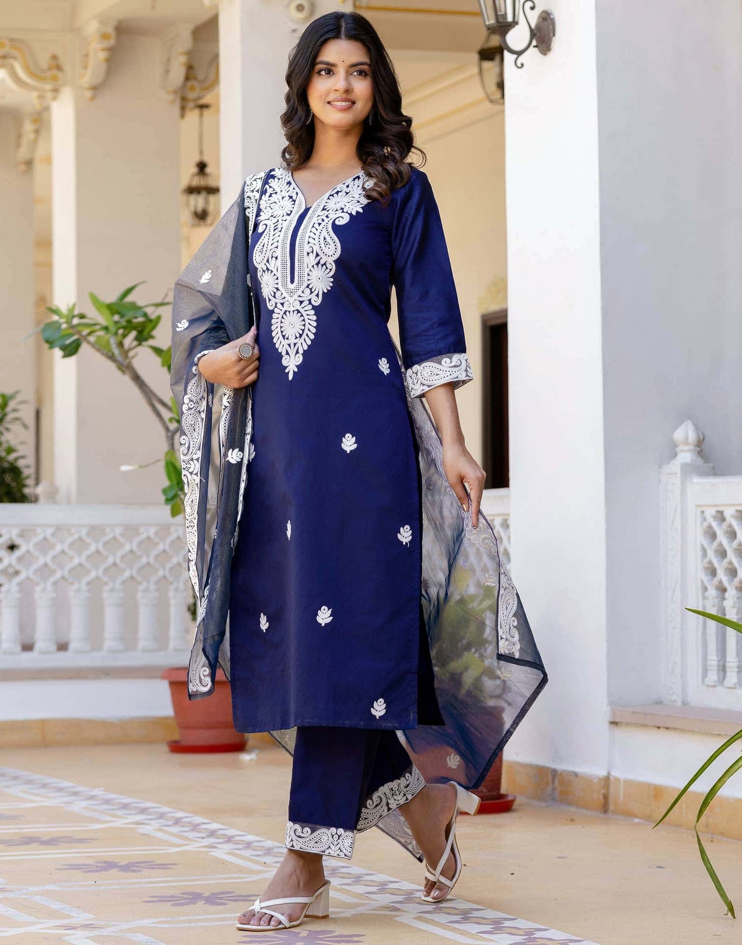 Silk Chikankari Embroidery and Embroidery Lace Straight Kurta with Pant & Dupatta