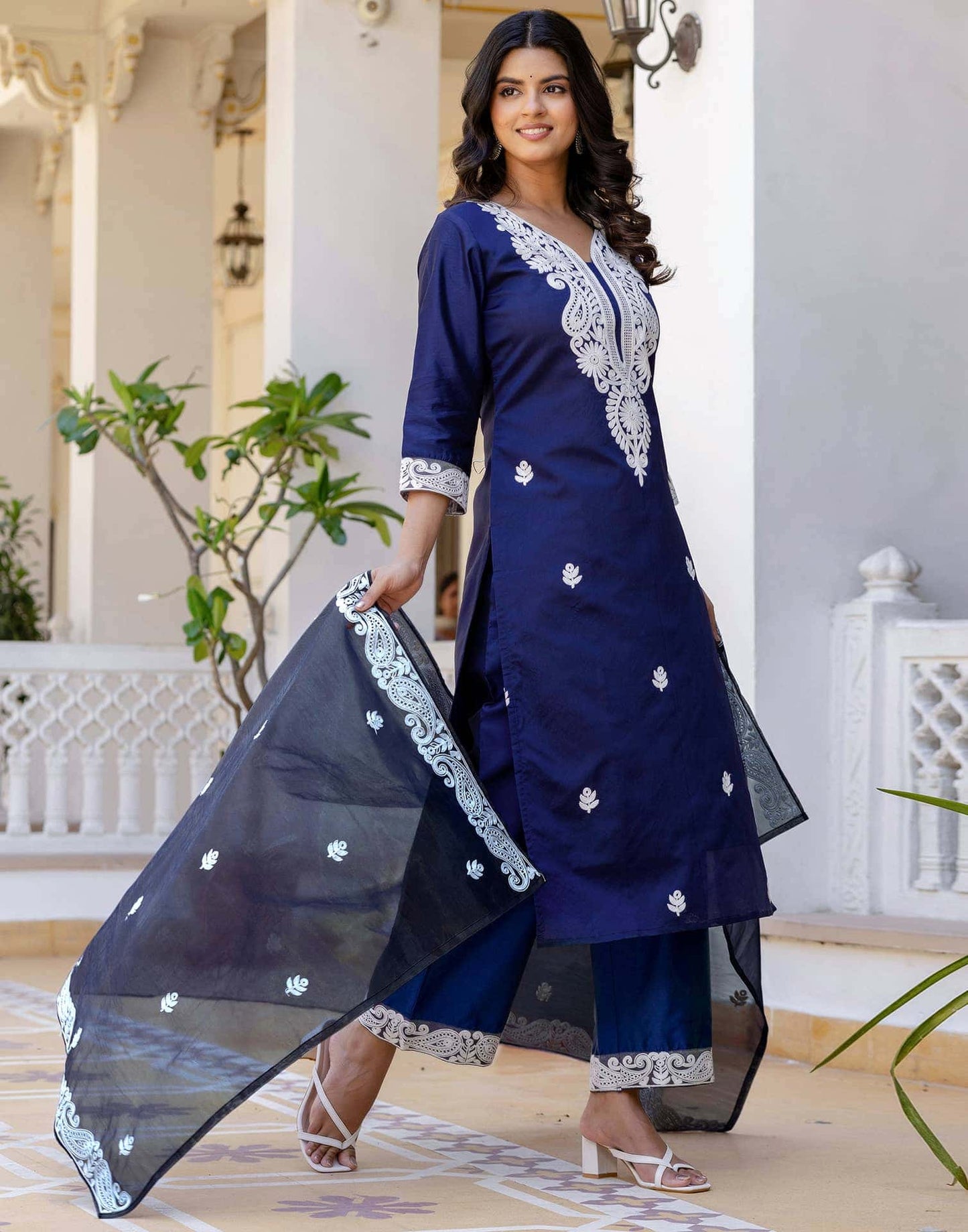 Silk Chikankari Embroidery and Embroidery Lace Straight Kurta with Pant & Dupatta