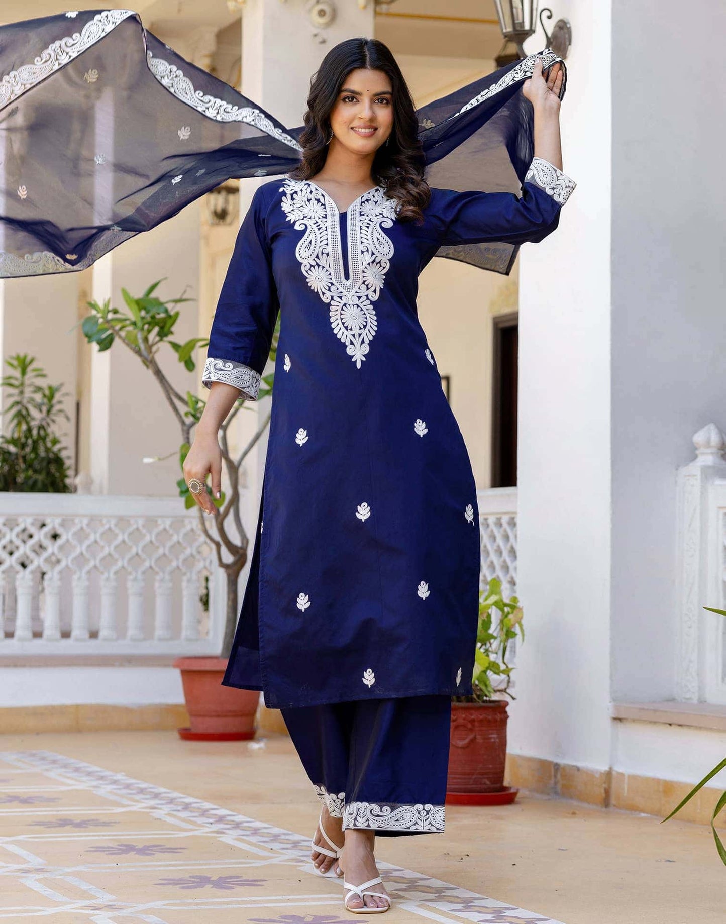 Silk Chikankari Embroidery and Embroidery Lace Straight Kurta with Pant & Dupatta