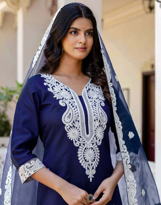 Silk Chikankari Embroidery and Embroidery Lace Straight Kurta with Pant & Dupatta