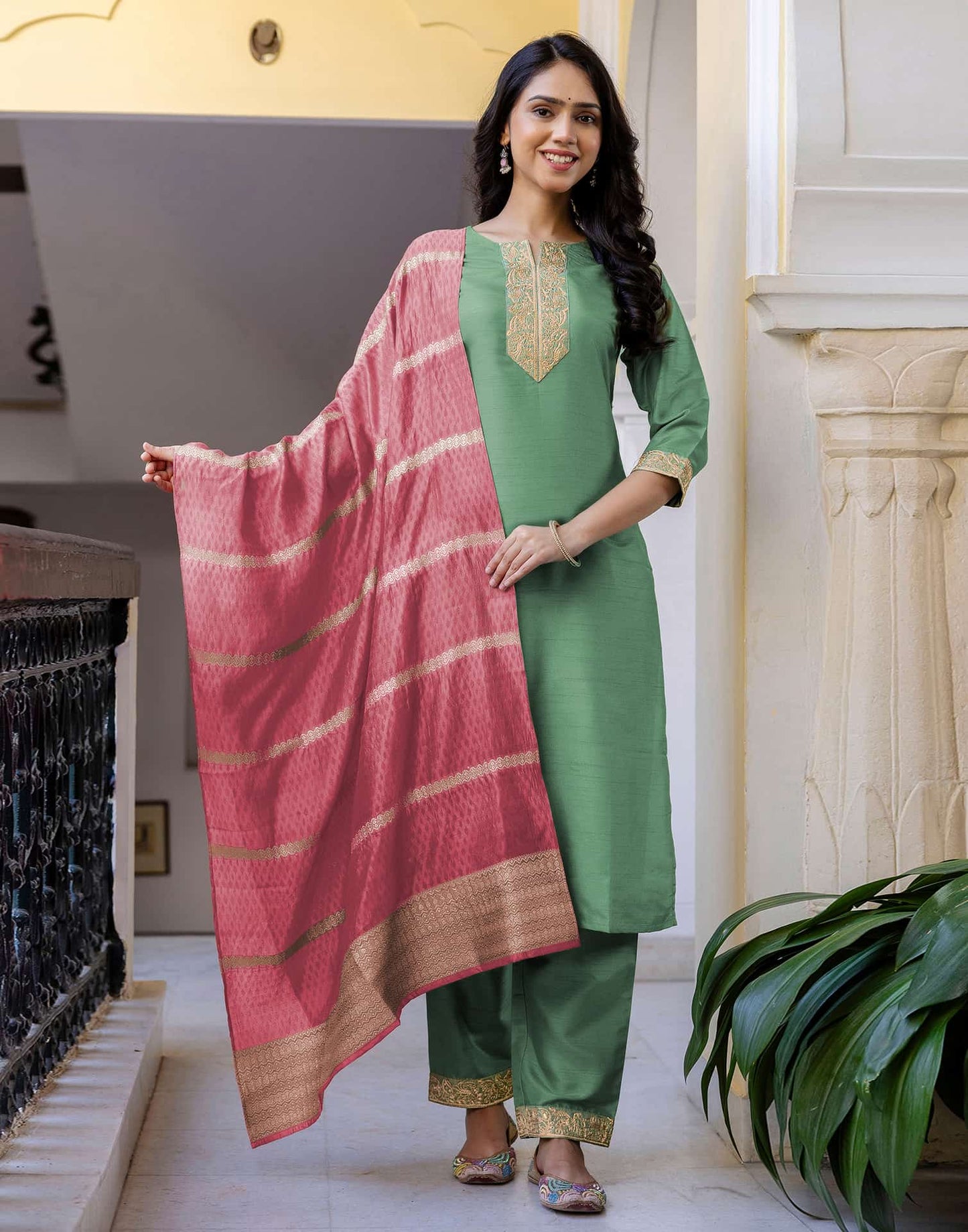 Silk Embroidered Straight Kurta with Pant & Dupatta