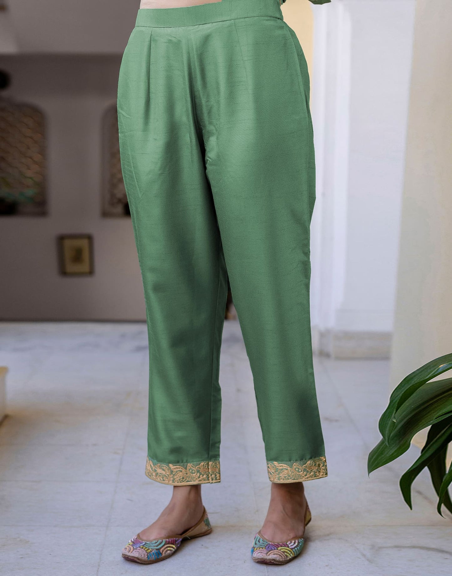 Skylee Green Silk Embroidered Straight Kurta Set for Women