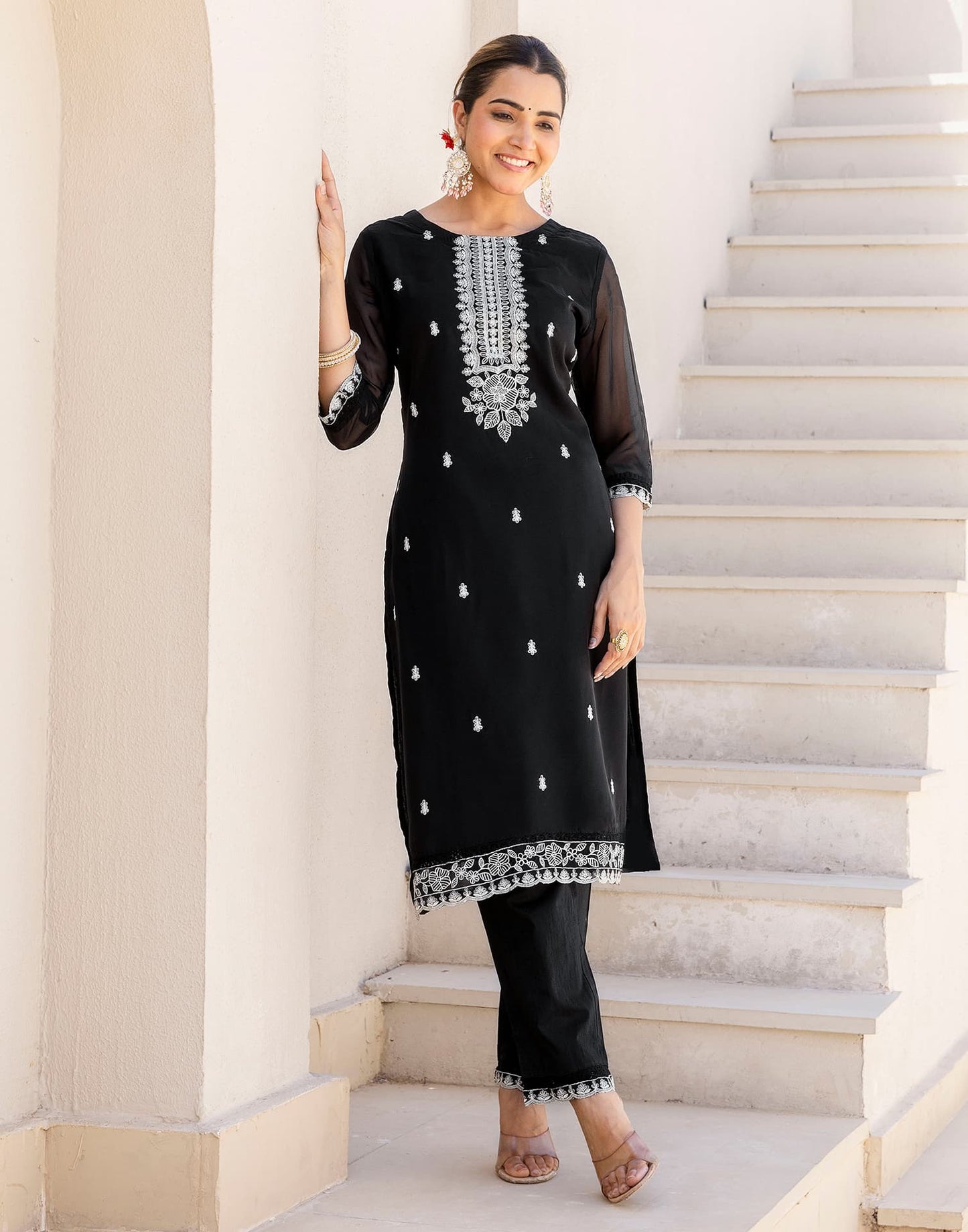 Silk Embroidered Straight Kurta with Pant & Dupatta