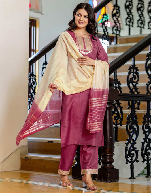 Skylee Pink Silk Sequins Embroidered Straight Kurta Set with Pant & Dupatta