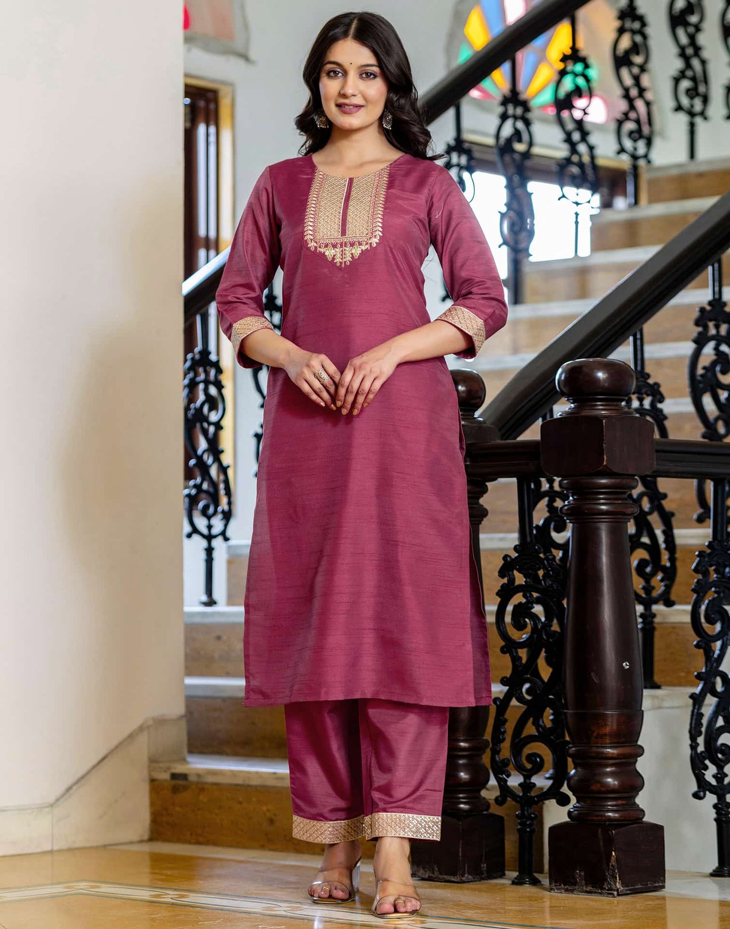 Silk Sequence Straight Kurta with Pant & Dupatta
