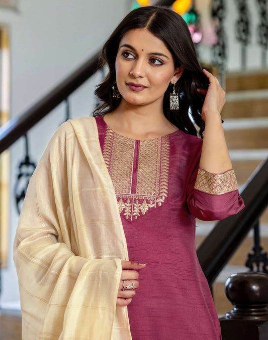 Skylee Pink Silk Sequins Embroidered Straight Kurta Set with Pant & Dupatta