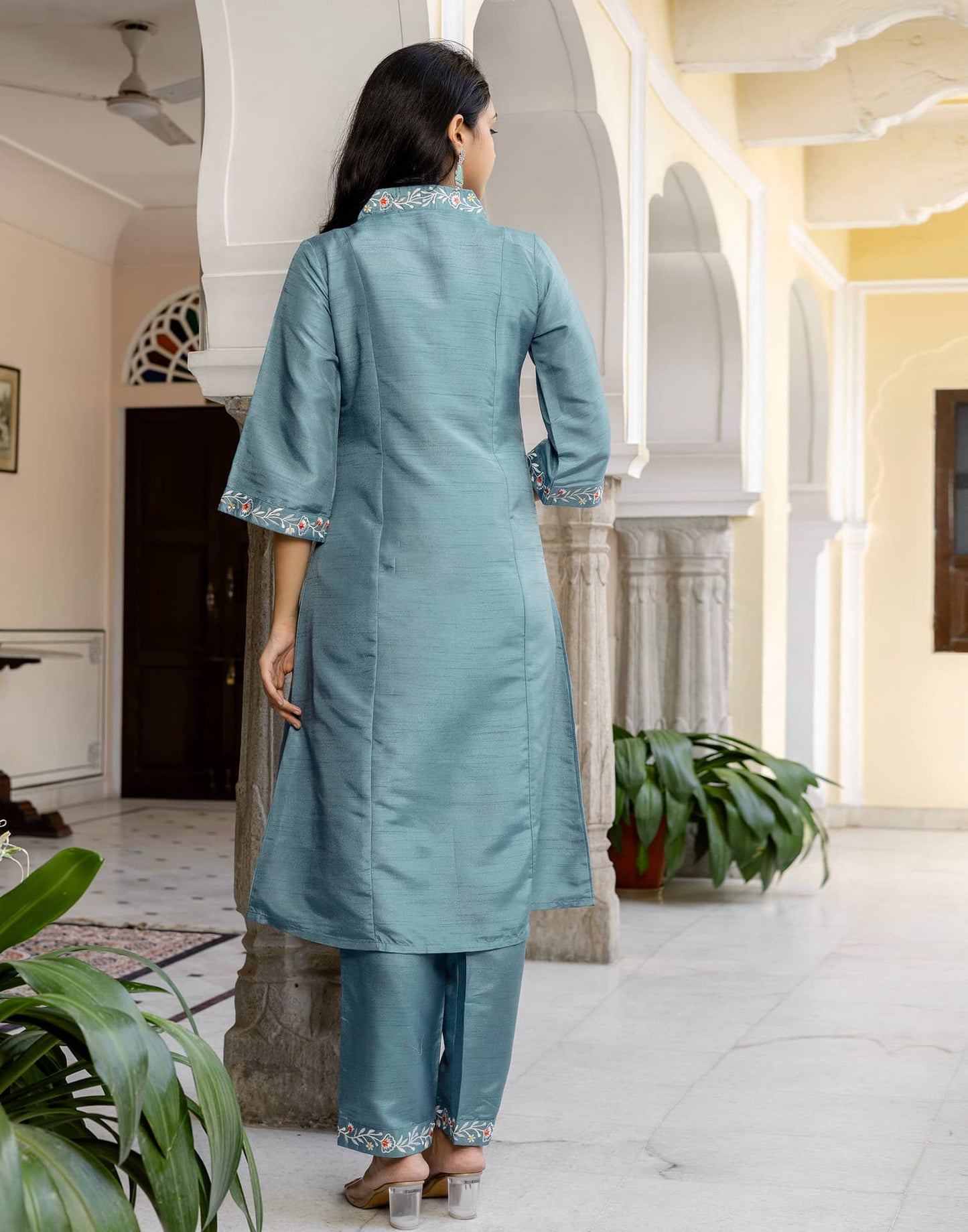 Silk Blend Embroidered Straight Kurta with Pant & Dupatta