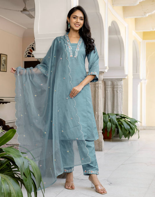 Blue Silk Blend Embroidered Straight Kurta Set with Pant and Dupatta for Women