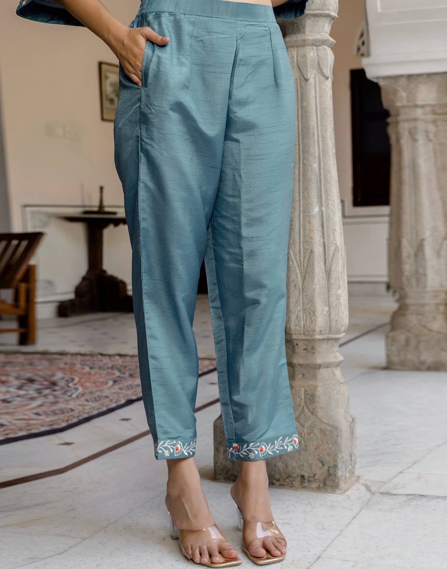 Blue Silk Blend Embroidered Straight Kurta Set with Pant and Dupatta for Women