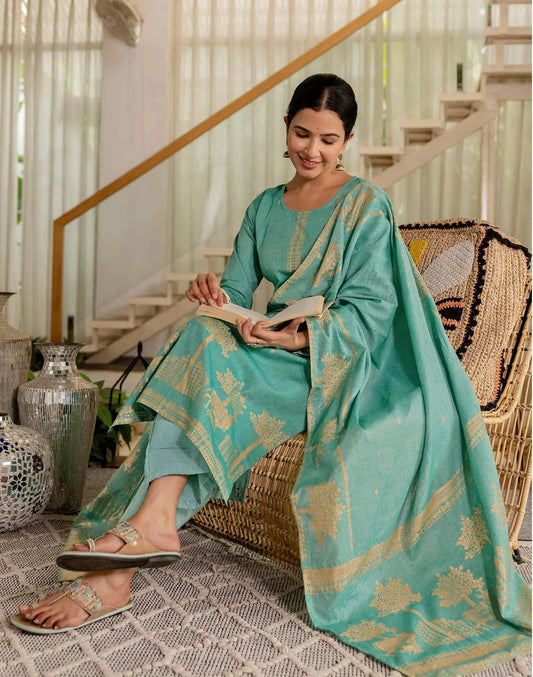 Cotton Weaving Straight Kurta with Pant & Dupatta