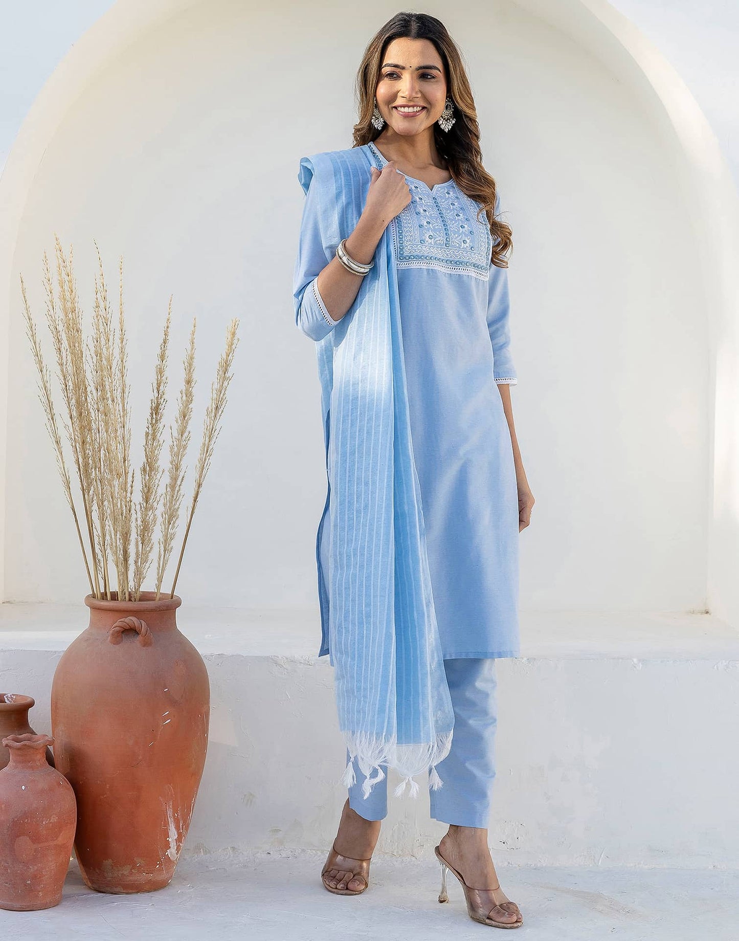 Cotton Embroidery and Mirror Work A-Line Kurta with Pant & Dupatta