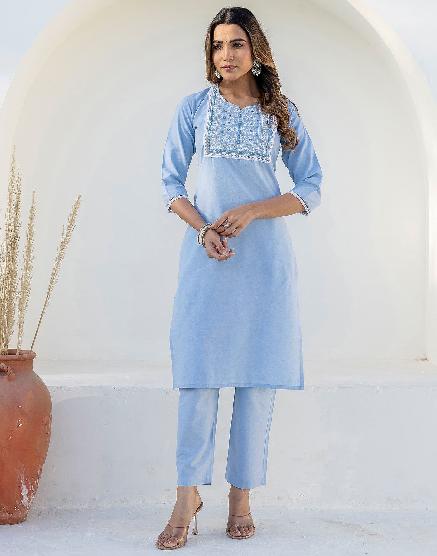 Cotton Embroidery and Mirror Work A-Line Kurta with Pant & Dupatta