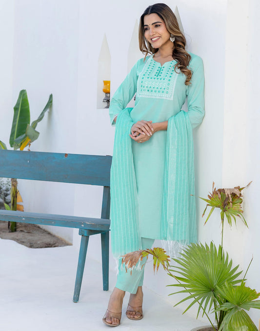 Green Cotton Embroidery and Mirror Work A-Line Kurta Set with Pant and Dupatta for Women