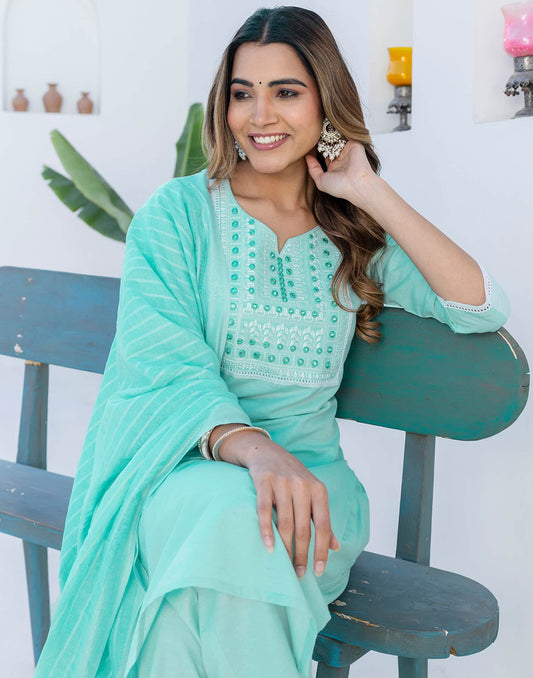 Green Cotton Embroidery and Mirror Work A-Line Kurta Set with Pant and Dupatta for Women