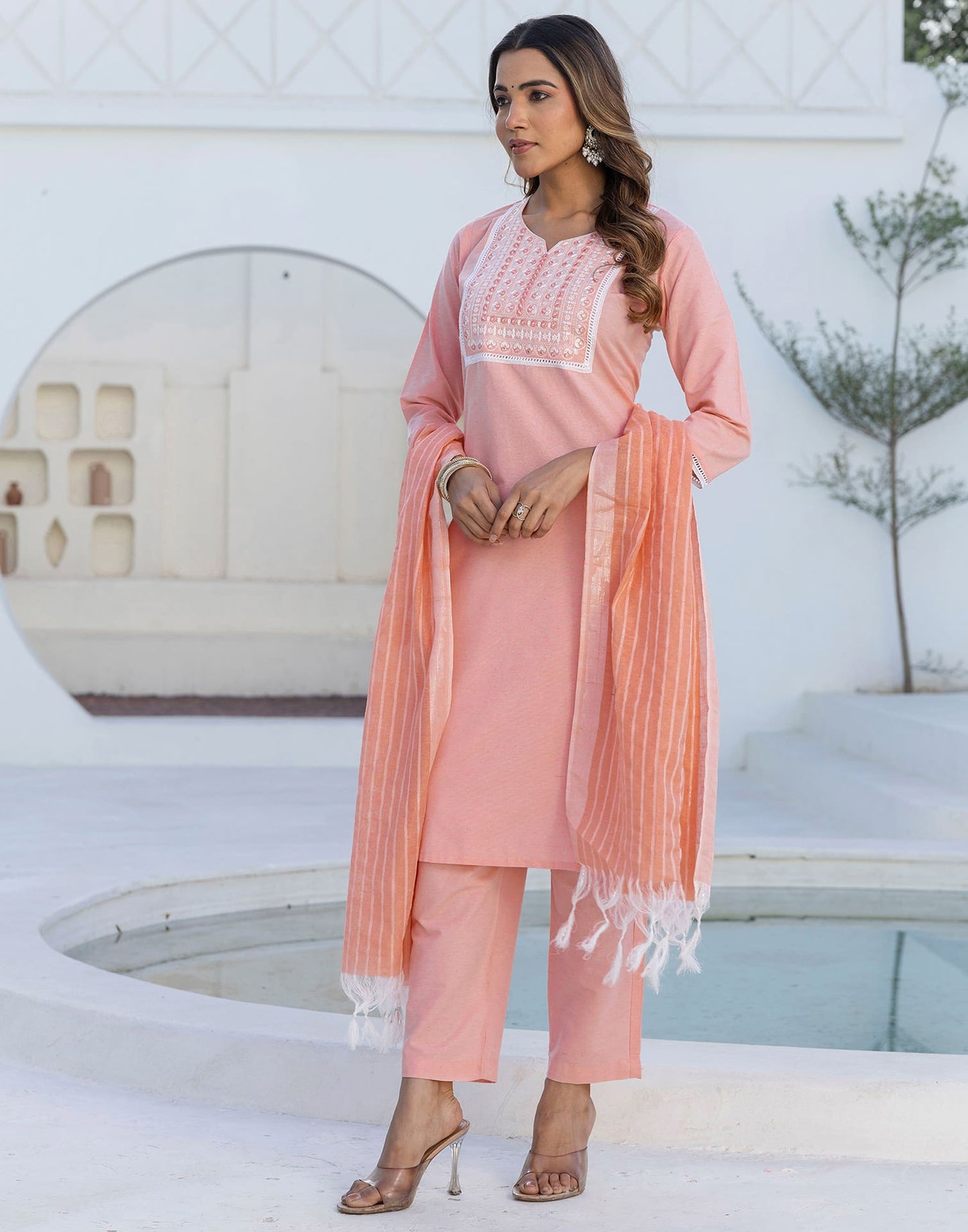 Cotton Embroidery and Mirror Work A-Line Kurta with Pant & Dupatta