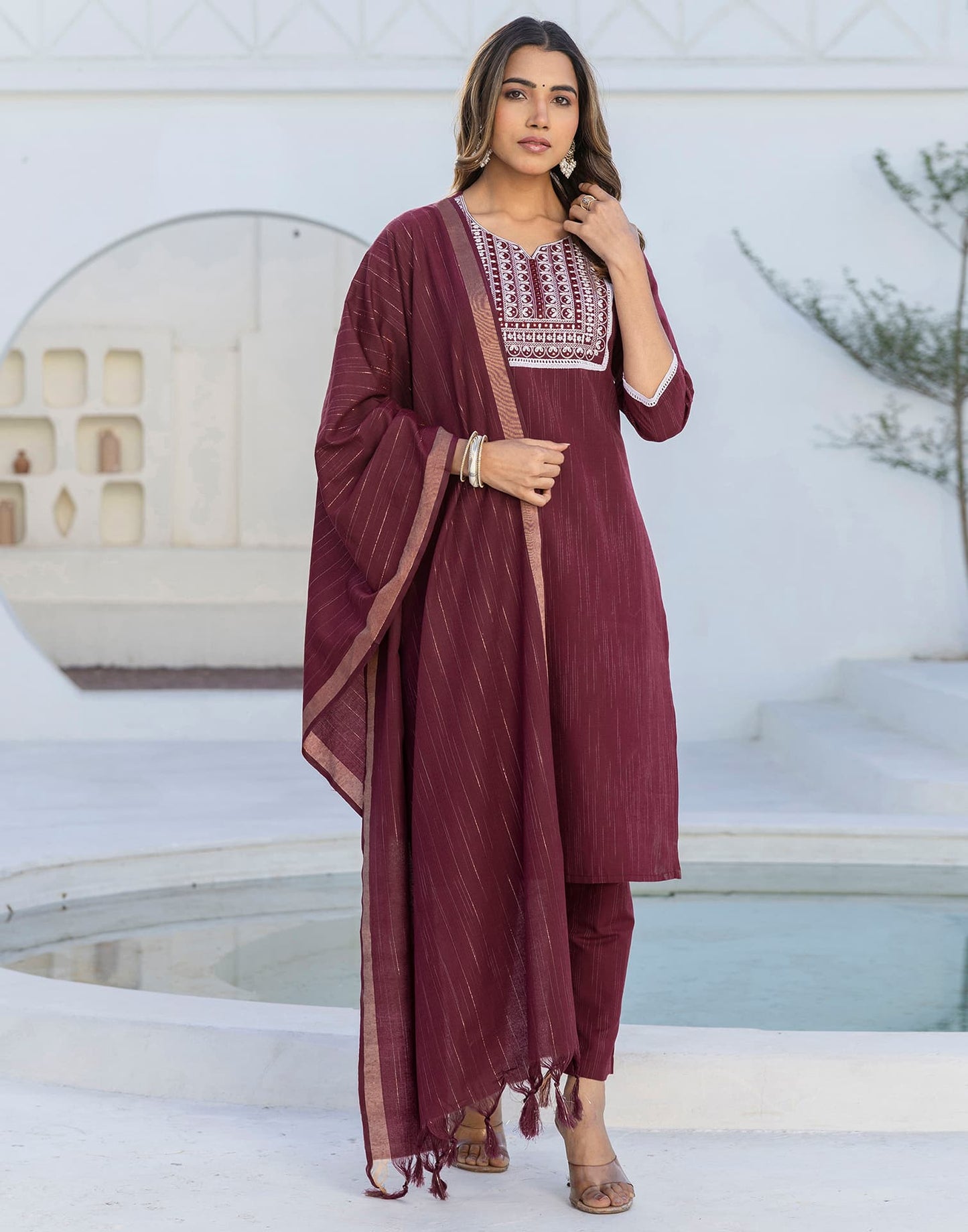 Cotton Embroidery and Mirror Work A-Line Kurta with Pant & Dupatta