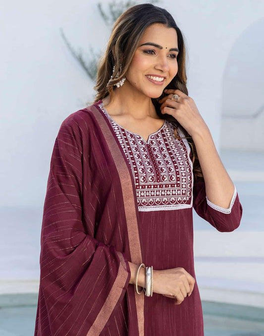 Brown Cotton Embroidery and Mirror Work A-Line Kurta Set with Pant and Dupatta for Women