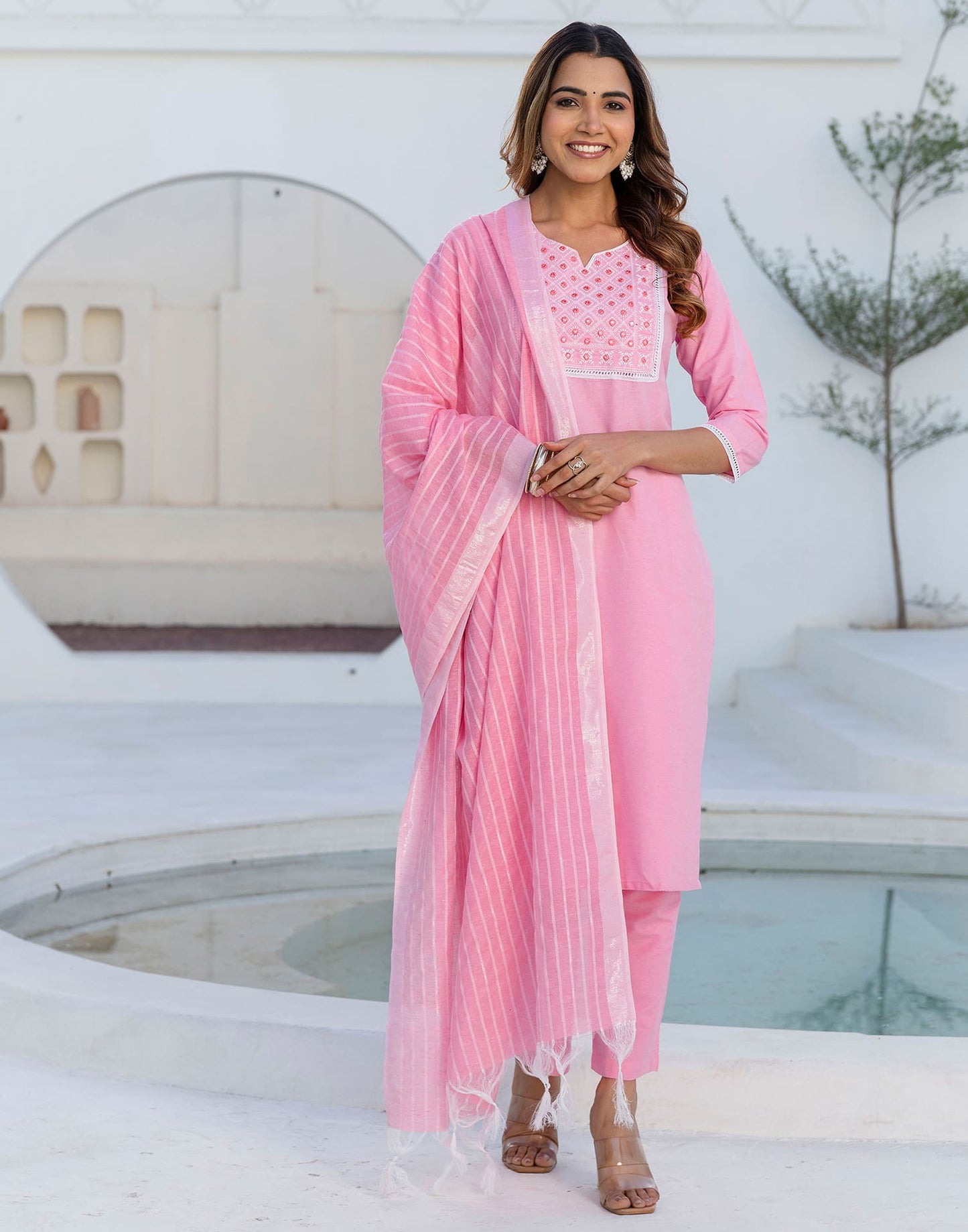 Cotton Embroidery and Mirror Work A-Line Kurta with Pant & Dupatta