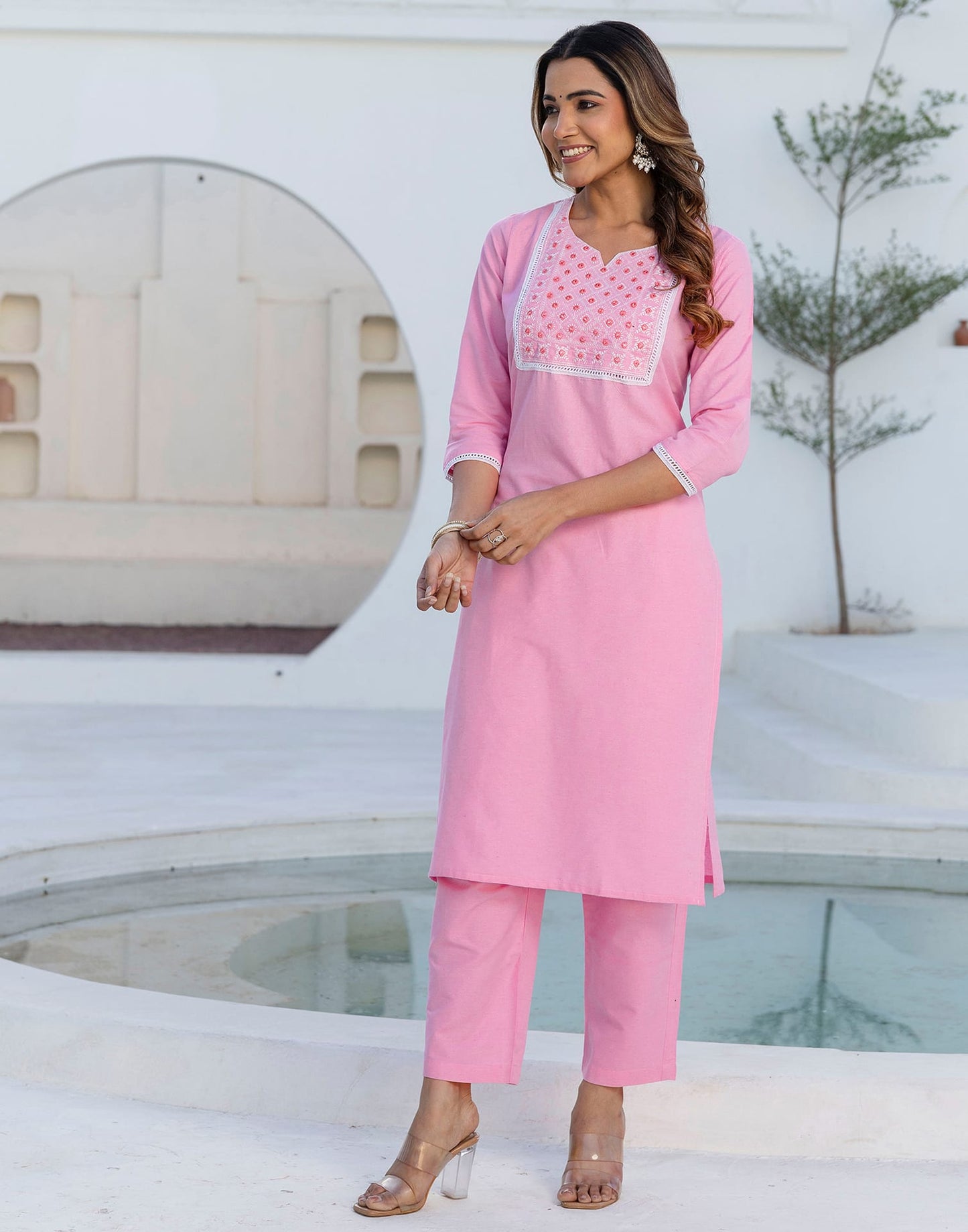 Cotton Embroidery and Mirror Work A-Line Kurta with Pant & Dupatta