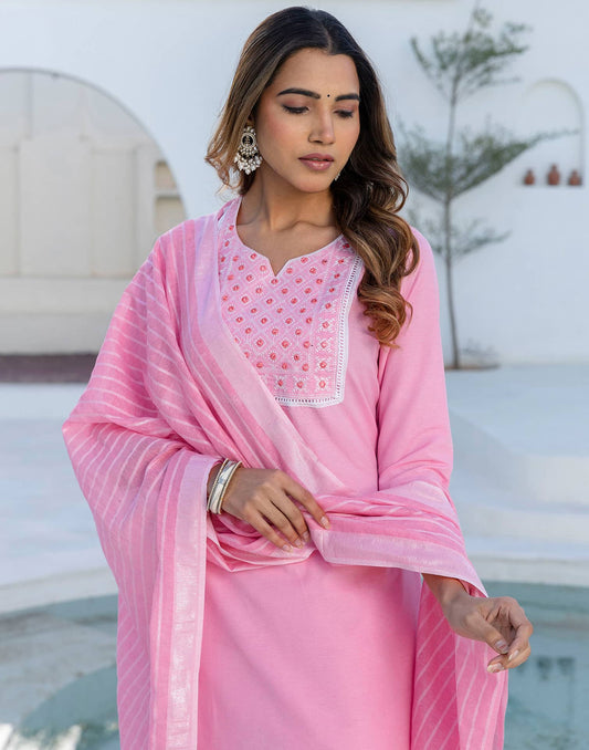 Pink Cotton Embroidery and Mirror Work A-Line Kurta Set with Pant and Dupatta for Women