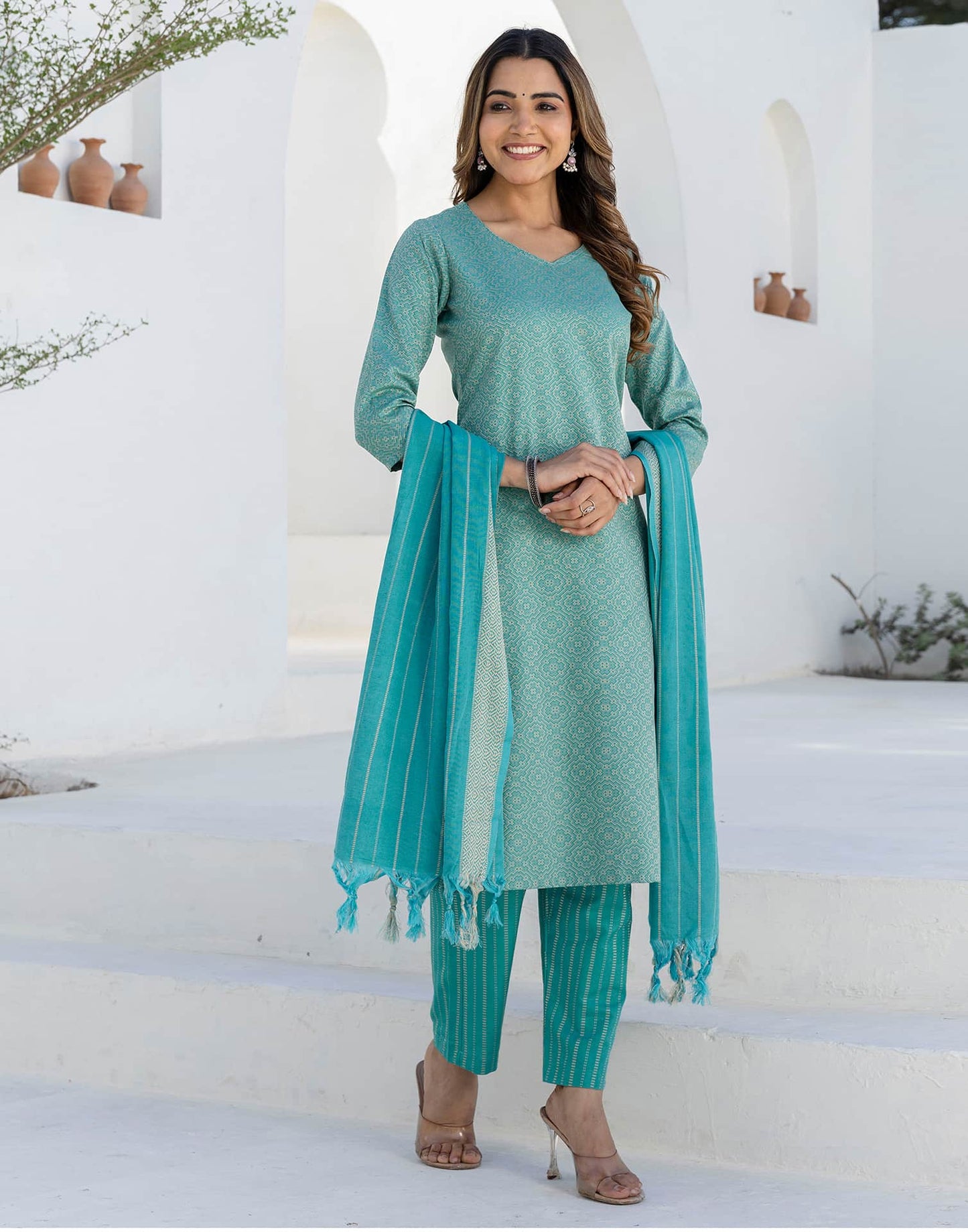 Cotton Weaving A-Line Kurta with Pant & Dupatta