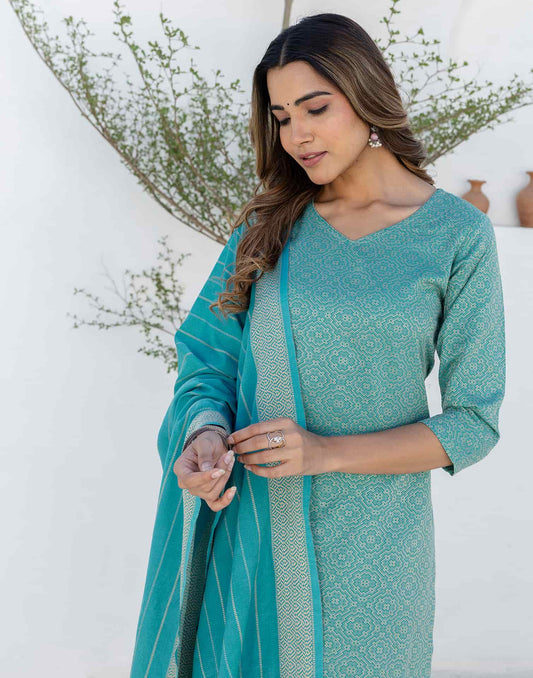 Blue Cotton Weaving A-Line Kurta Set for Women with Pant and Dupatta