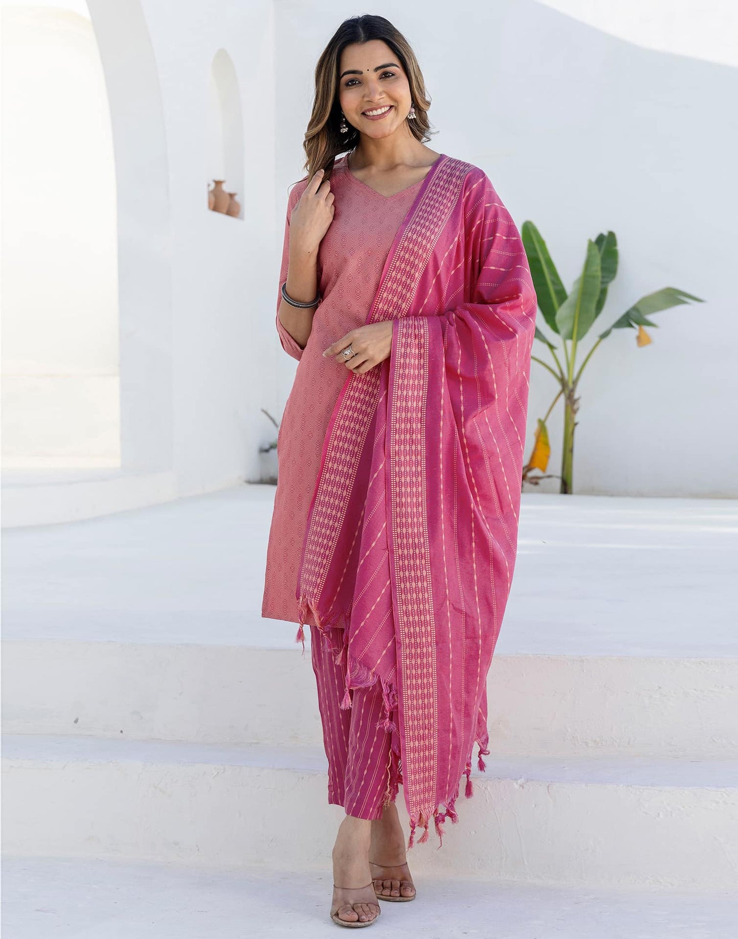 Cotton Weaving A-Line Kurta with Pant & Dupatta