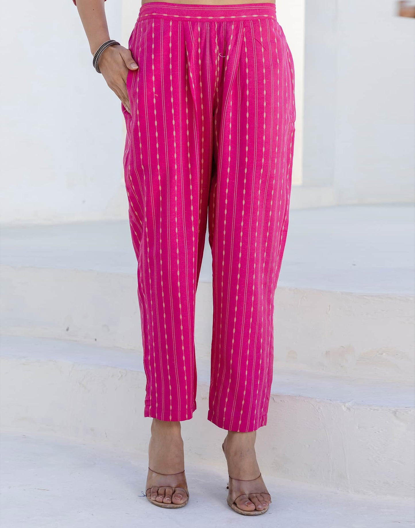 Pink Cotton Weaving A-Line Kurta Set for Women with Pant and Dupatta