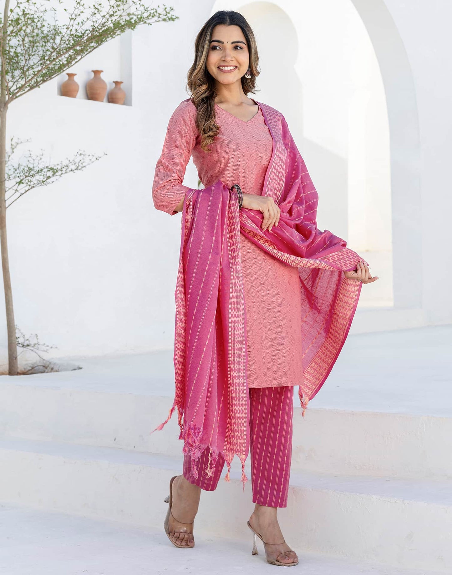 Cotton Weaving A-Line Kurta with Pant & Dupatta