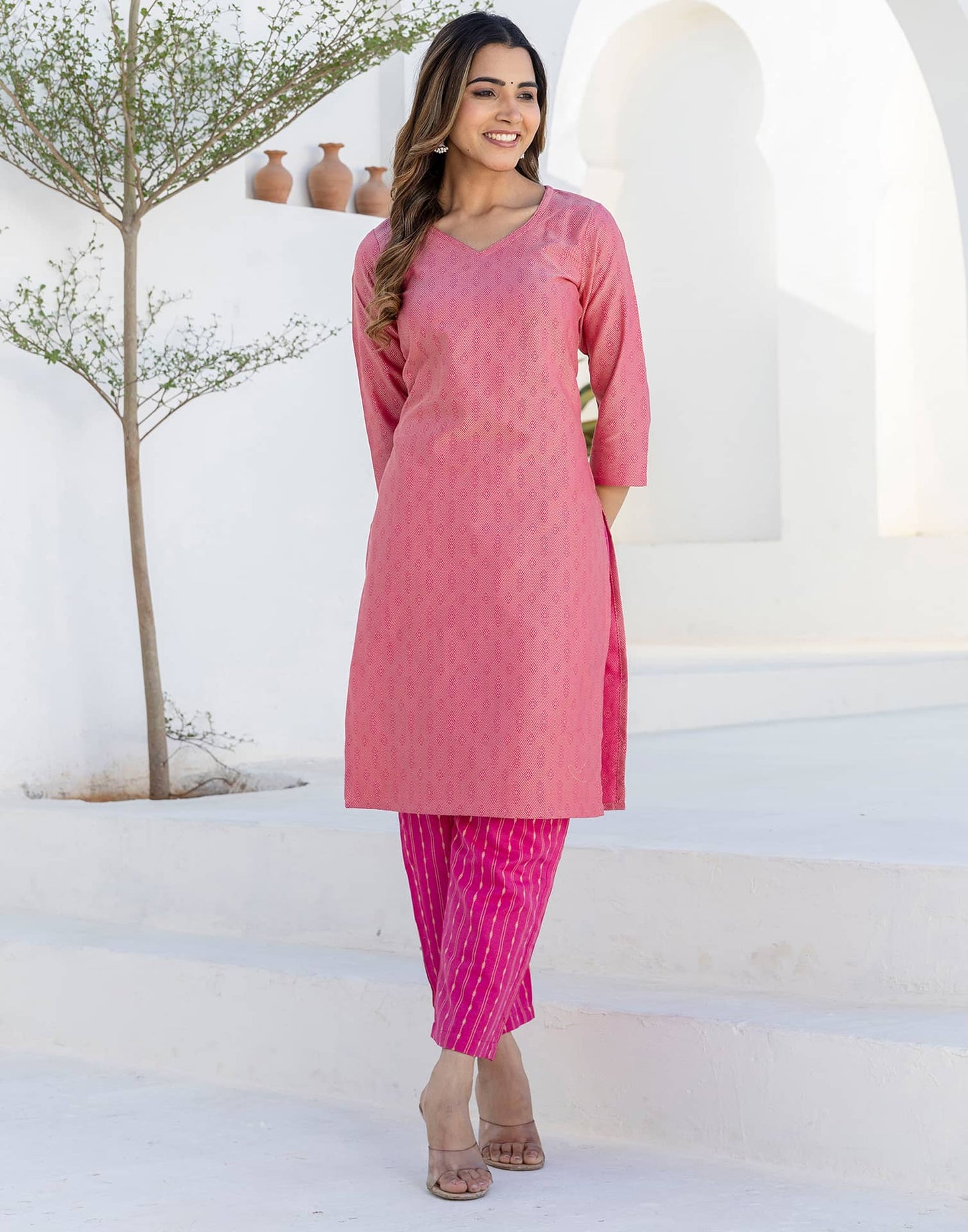 Cotton Weaving A-Line Kurta with Pant & Dupatta