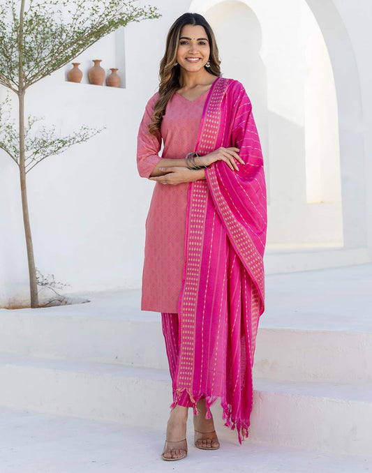 Pink Cotton Weaving A-Line Kurta Set for Women with Pant and Dupatta